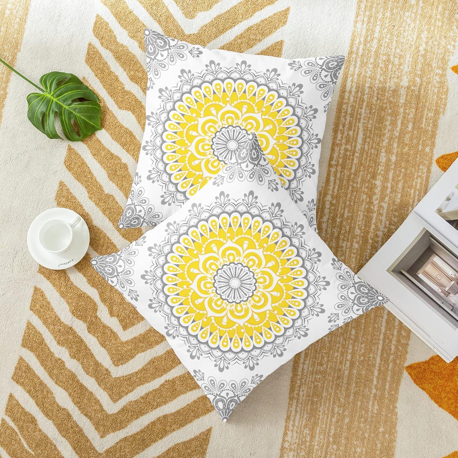 CaliTime Throw Pillow Covers Pack of 2 Cozy Fleece Mandala Dahlia Floral Medallion Compass Style Cushion Cases for Couch Bed Sofa Farmhouse Decoration 18 X 18 Inches Yellow Grey