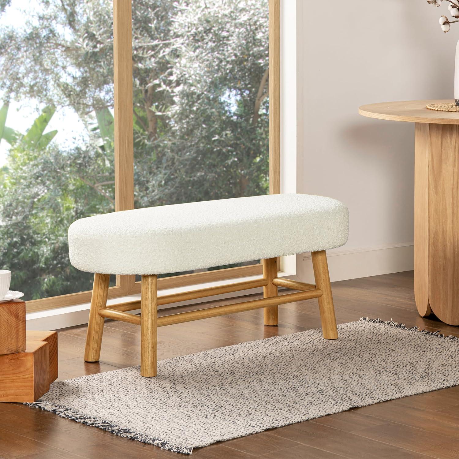 Ivory White Boucle Upholstered Bedroom Bench with Natural Wood Legs