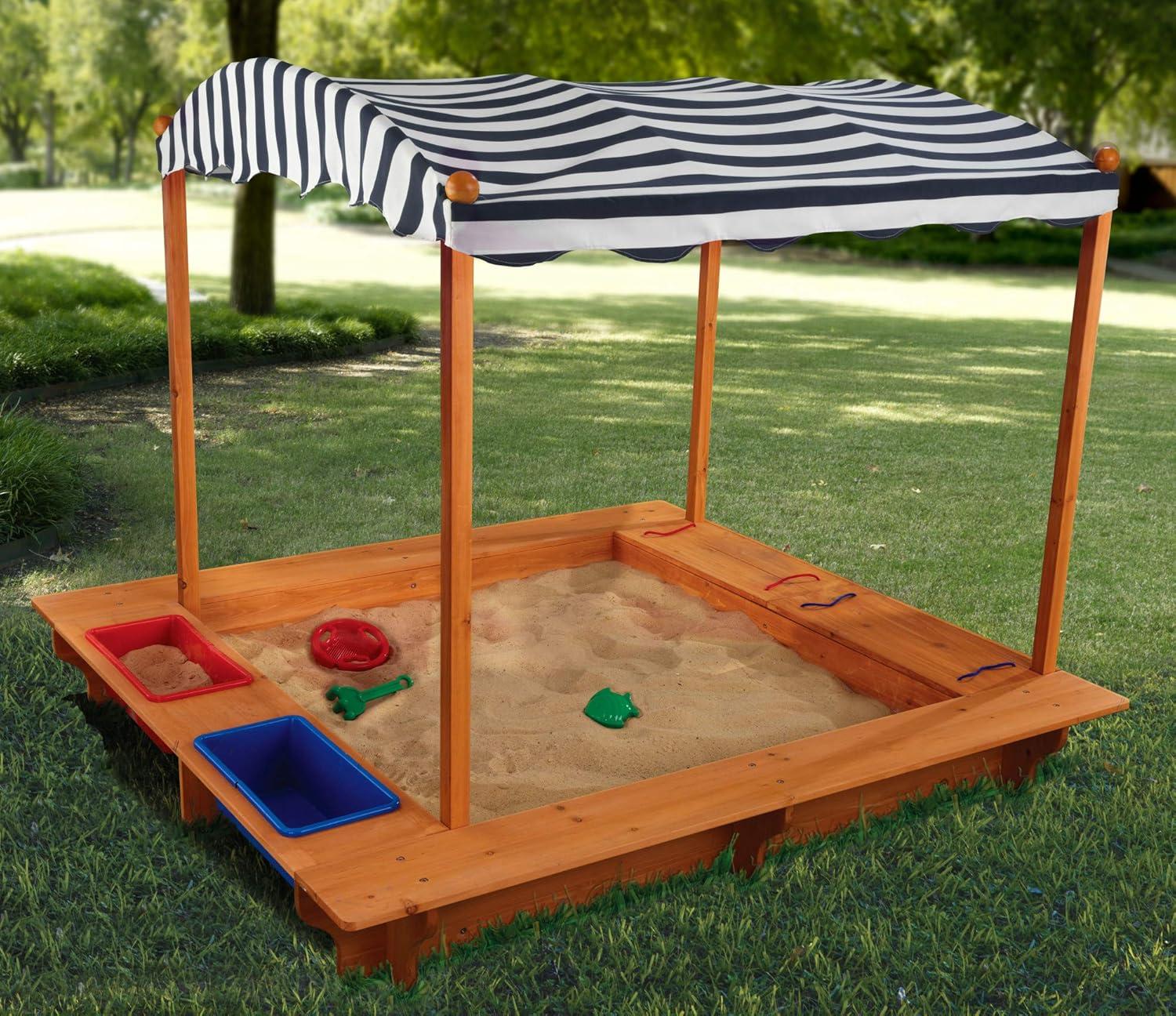 Outdoor Wooden Sandbox with Navy and White Striped Canopy