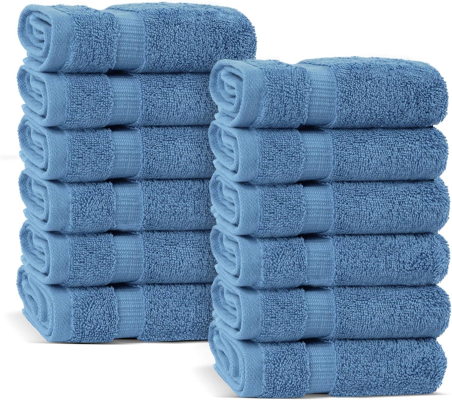 BC BARE COTTON Luxury Hotel & Spa Towel Turkish Cotton Washcloths - Dobby Border (13x13 Inches) - Set of 12 - Wedgewood