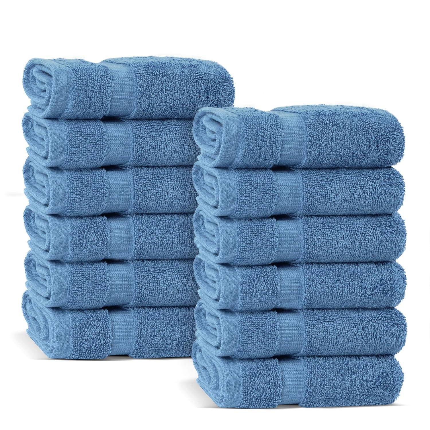 BC BARE COTTON Luxury Hotel & Spa Towel Turkish Cotton Washcloths - Dobby Border (13x13 Inches) - Set of 12 - Wedgewood