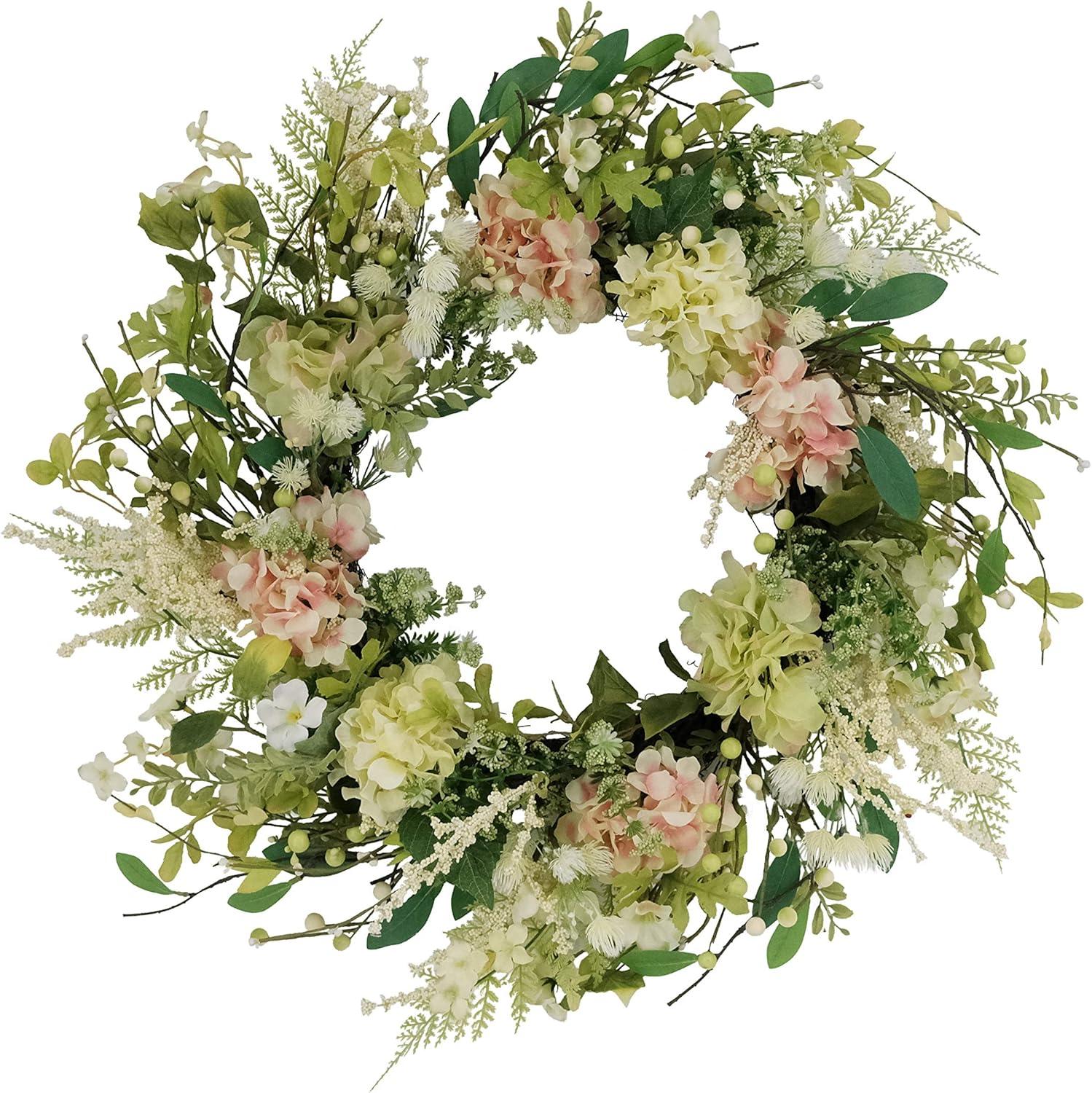 24" Green and White Artificial Hydrangea and Dogwood Floral Spring Wreath