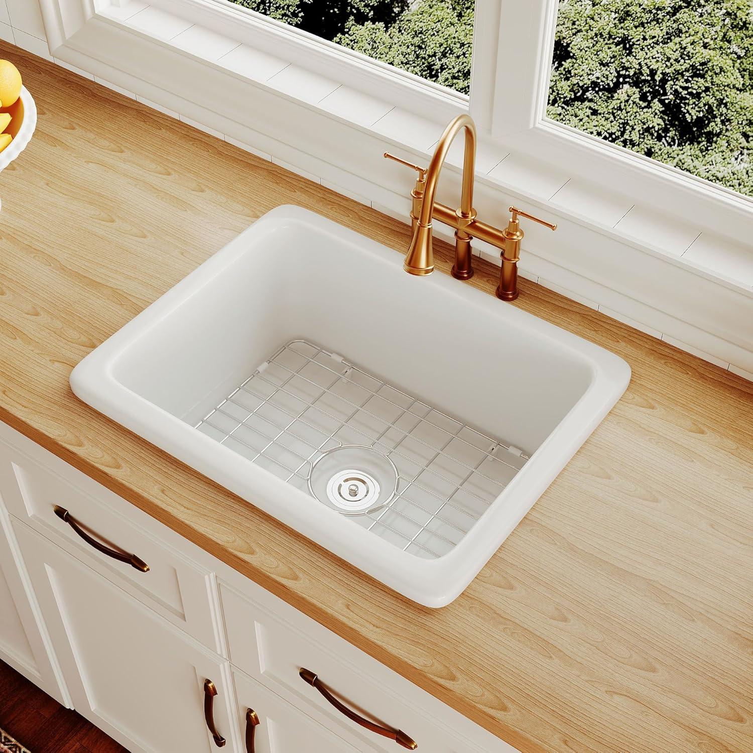 24" L x 19" W Rectangular White Fireclay Undermount Kitchen Sink with Basket Strainer and Sink Grid