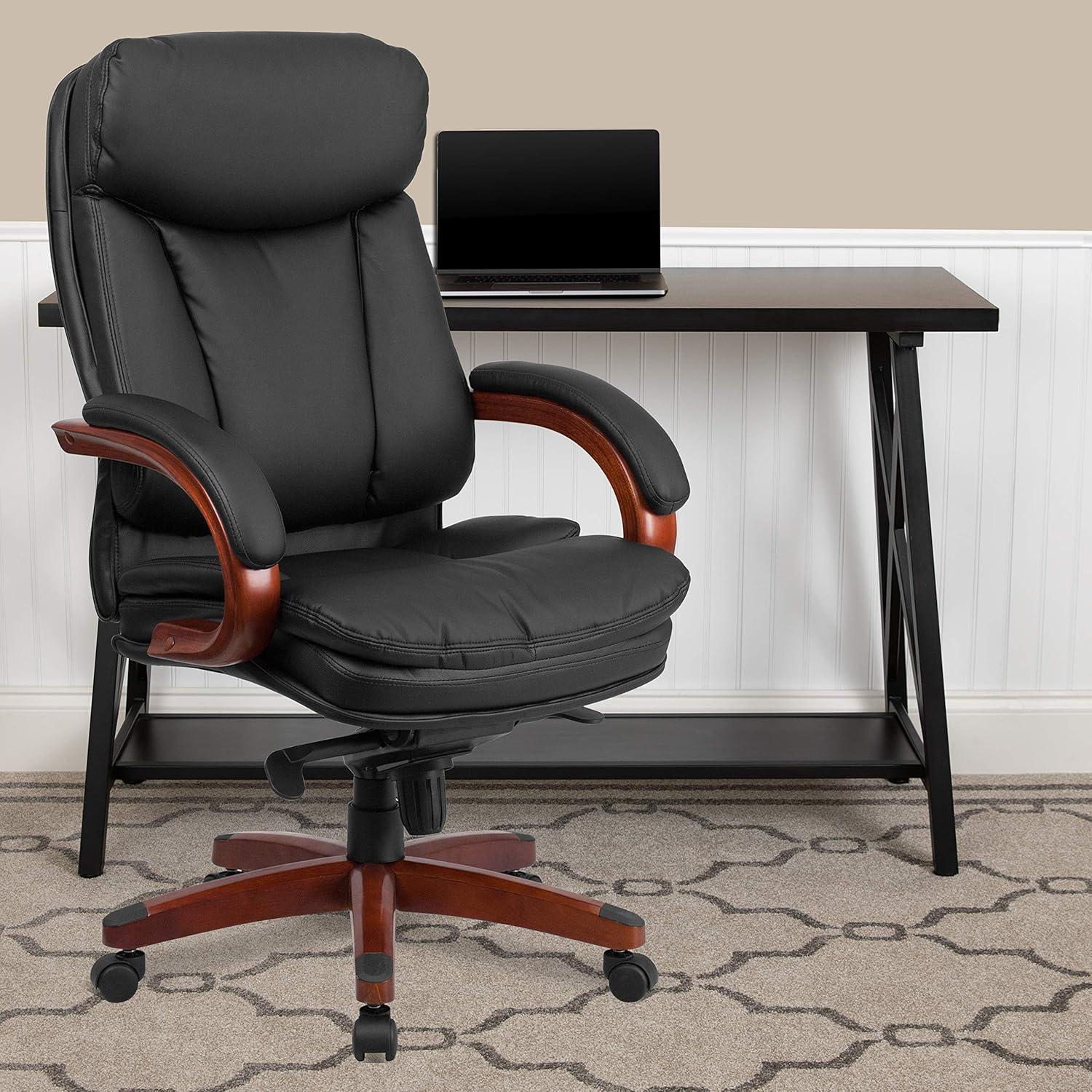 High Back Black Leather Executive Swivel Office Chair with Mahogany Wood Base