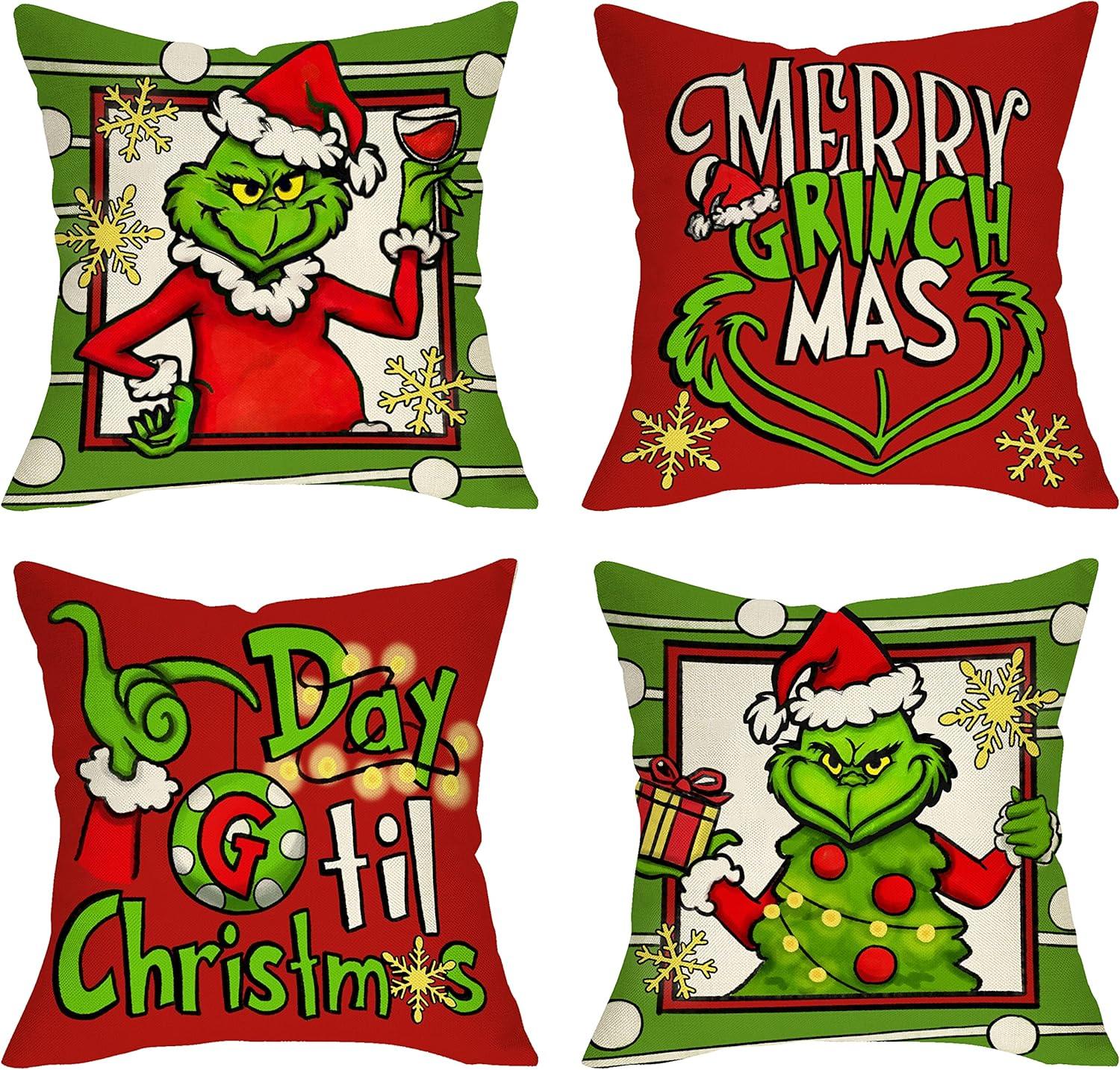 2025 Merry Christmas Decorative Throw Pillow Covers, Xmas Santa Tree Snowflakes Gifts Home Decoration, Winter Holiday Cushion Case for Sofa Couch Decor Cotton Linen 18 x 18