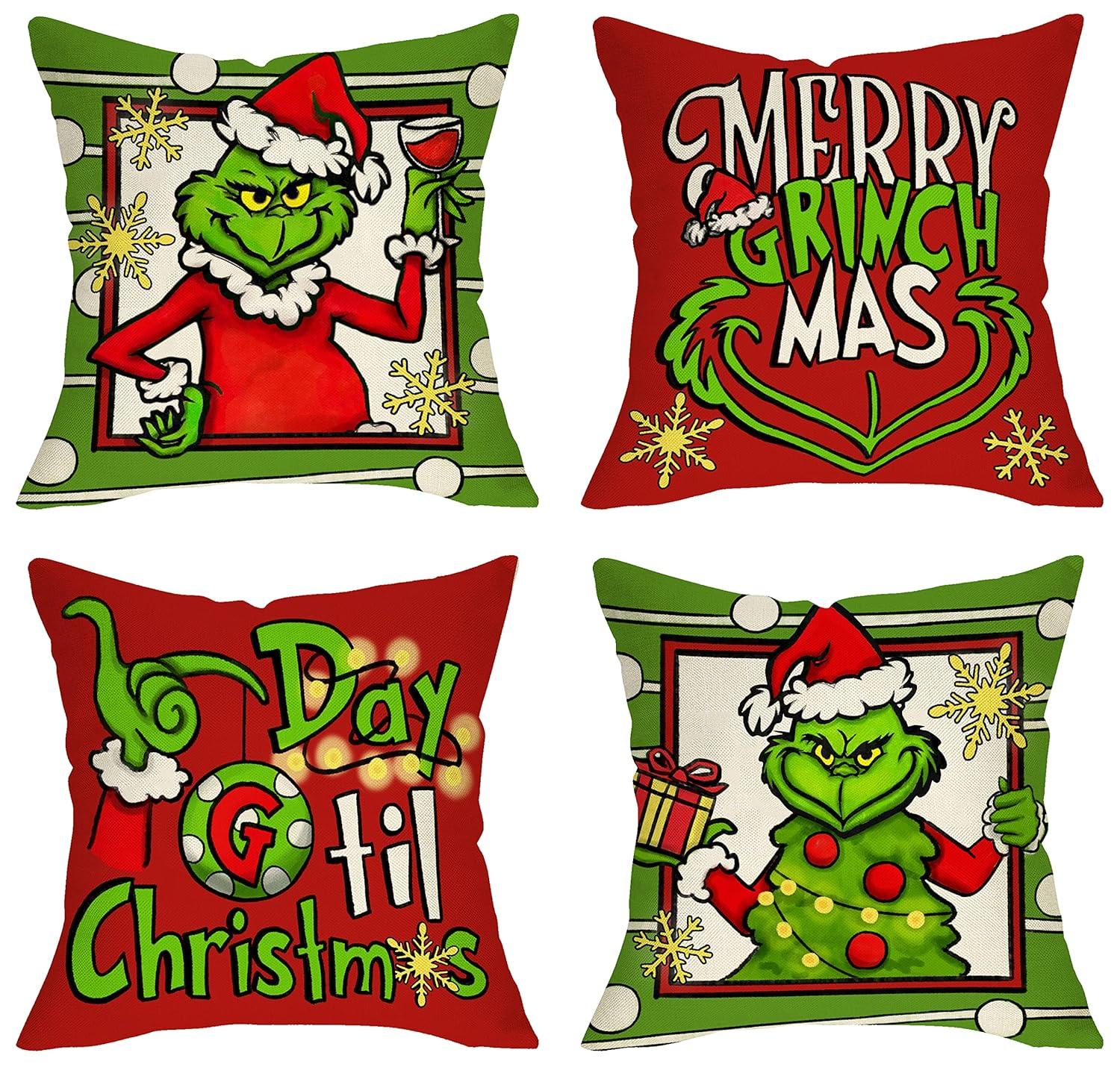 2025 Merry Christmas Decorative Throw Pillow Covers, Xmas Santa Tree Snowflakes Gifts Home Decoration, Winter Holiday Cushion Case for Sofa Couch Decor Cotton Linen 18 x 18