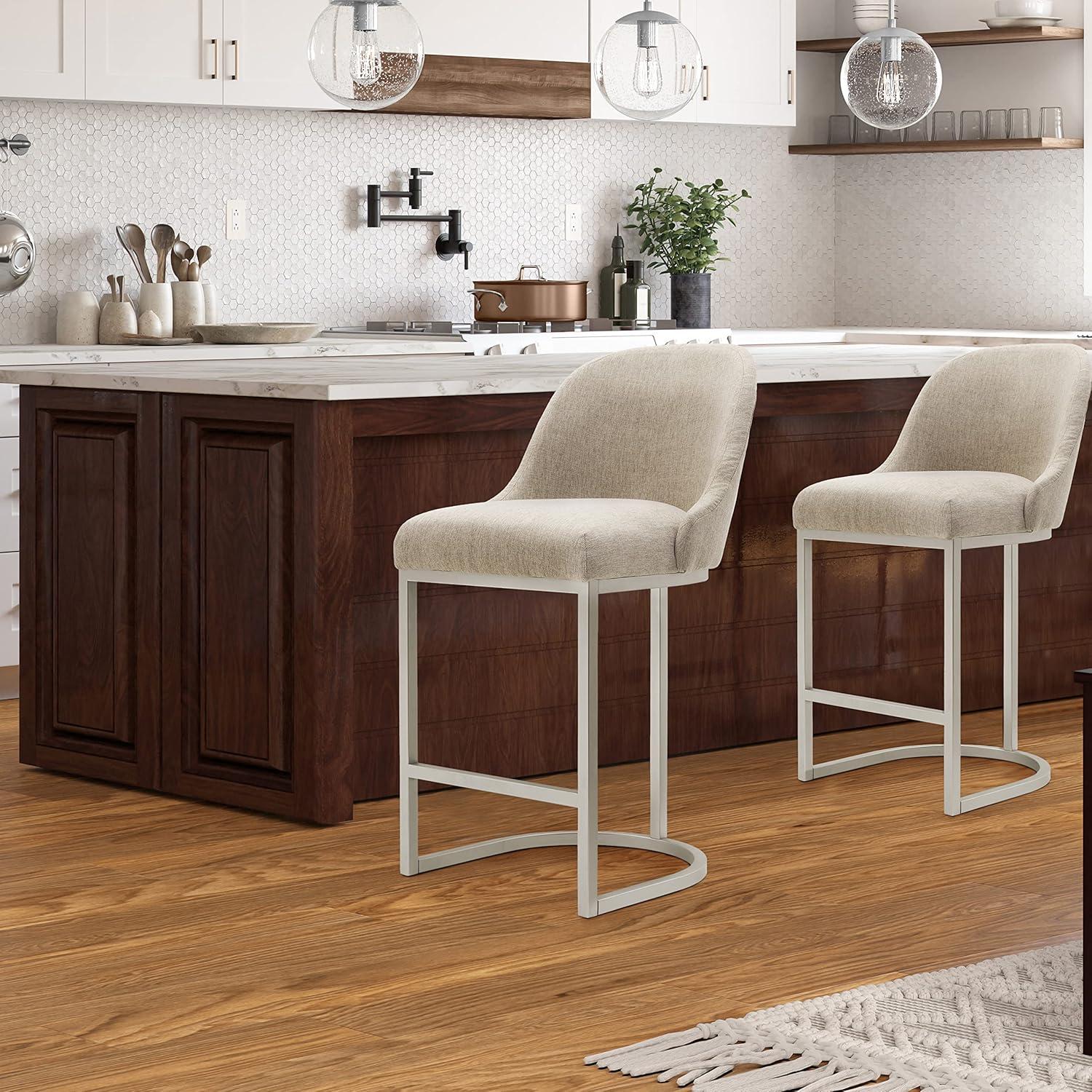 Leick Home Barrelback Counter Stool with Oatmeal Seat and Pewter Metal Base, Set of 4