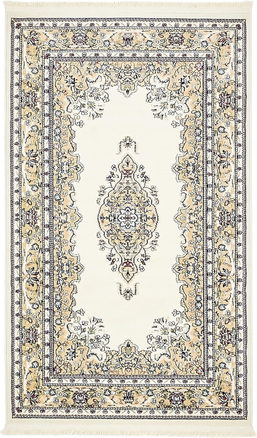 Ivory and Beige Rectangular Synthetic Stain-Resistant Rug