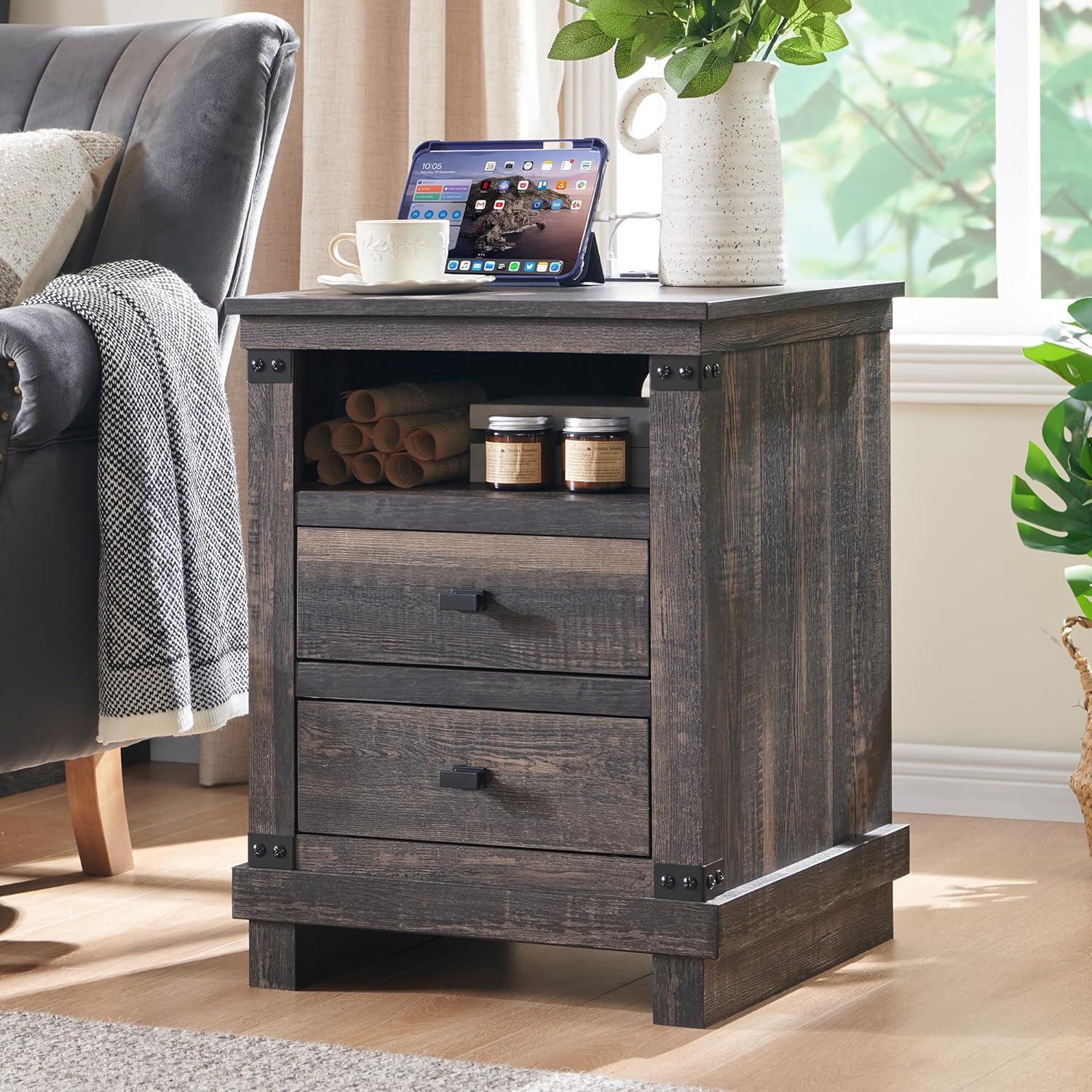 SinCiDo Nightstand with Charging Station, 18″ Farmhouse Night Stand with 2 Drawers, Wood Rustic End Table, Antique White