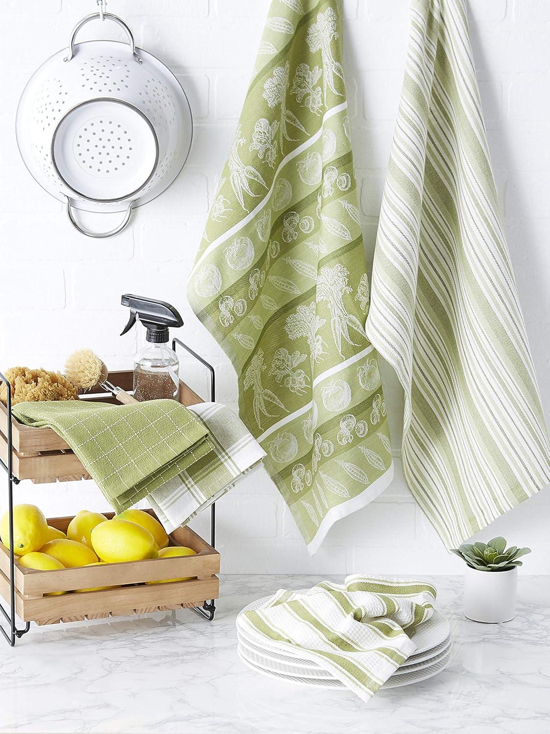 Contemporary Home Living Vegetables and Jacquard Kitchen Dishtowels - 28" - Green and White - Set of