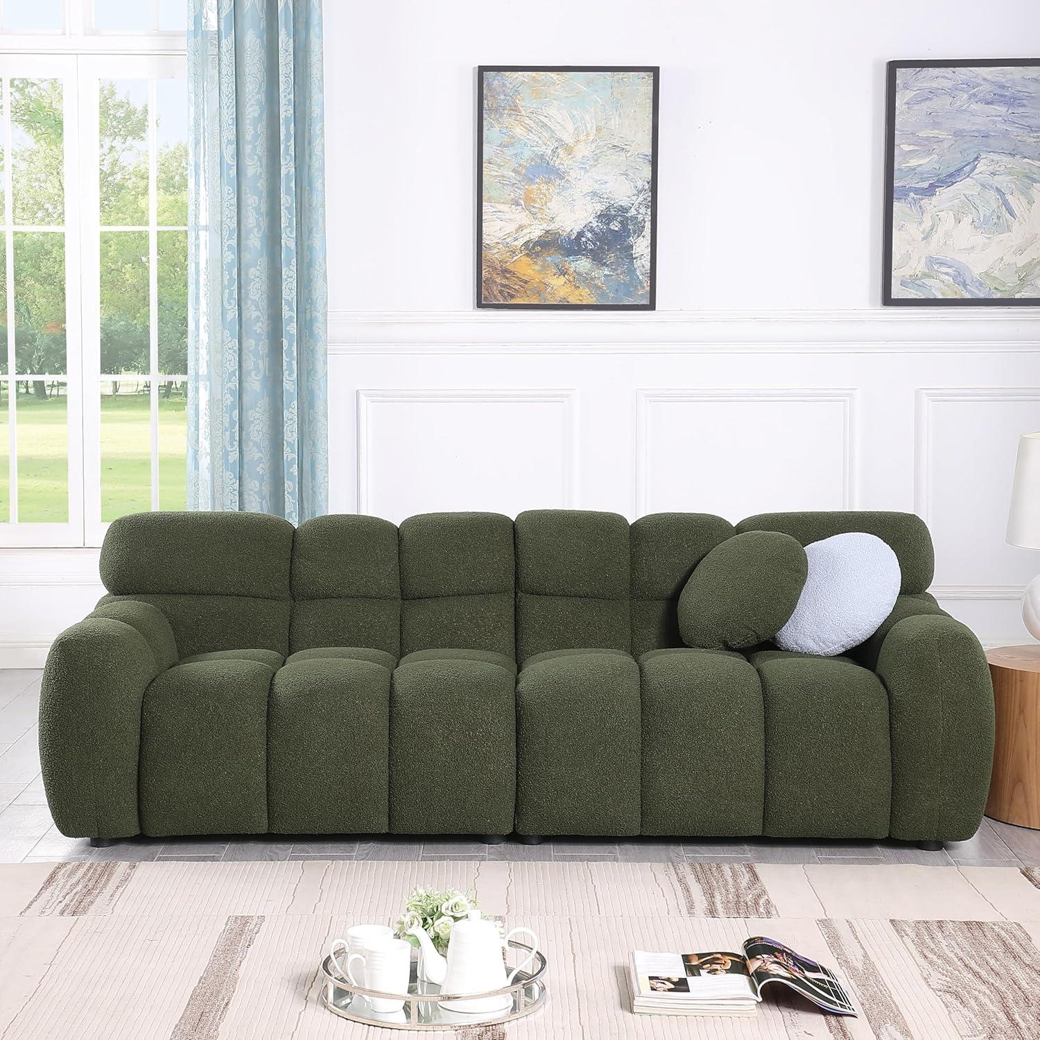 Olive Green Boucle 87" Modern Cloud Sofa with Pillows