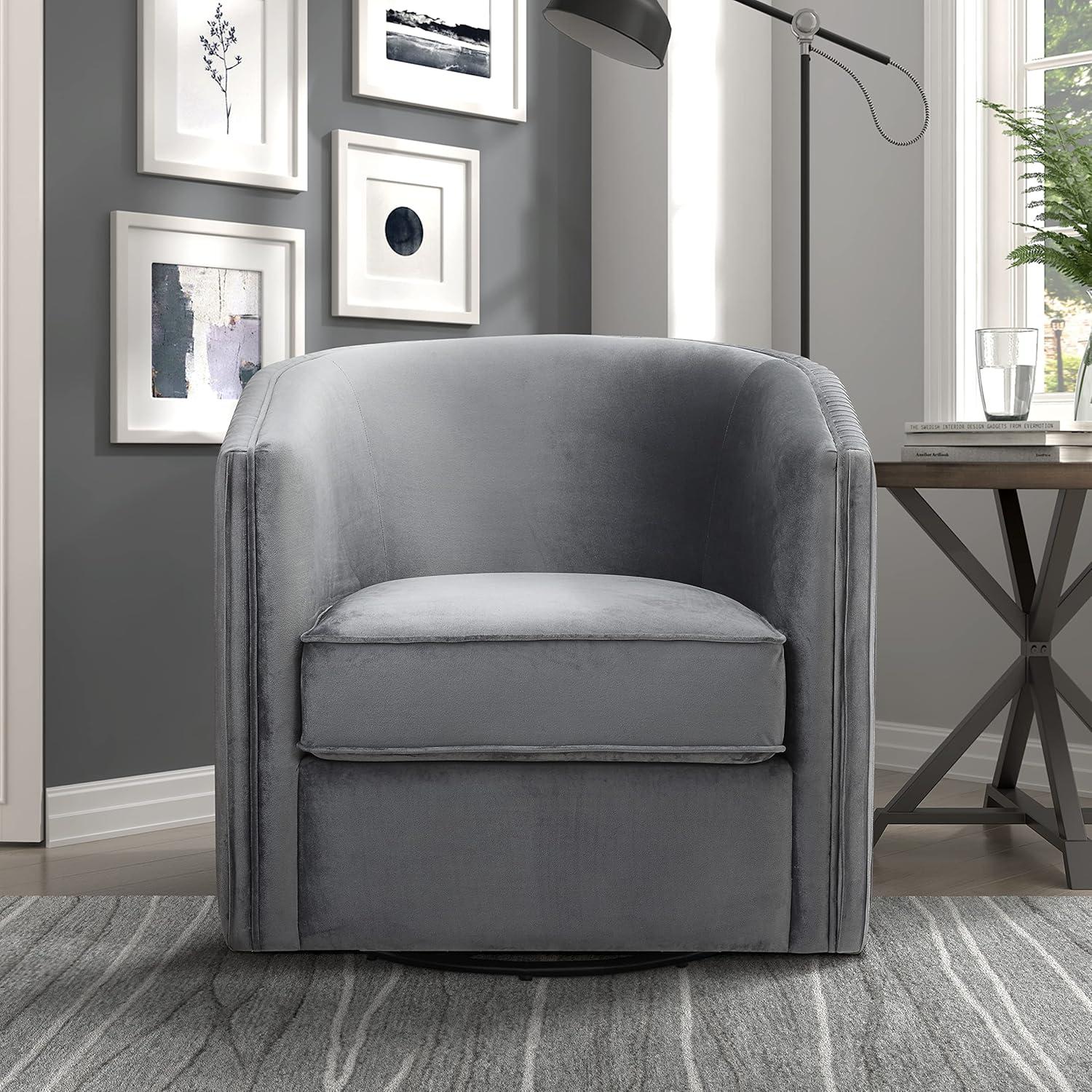 Gray Velvet Barrel Swivel Accent Chair with Metal Frame