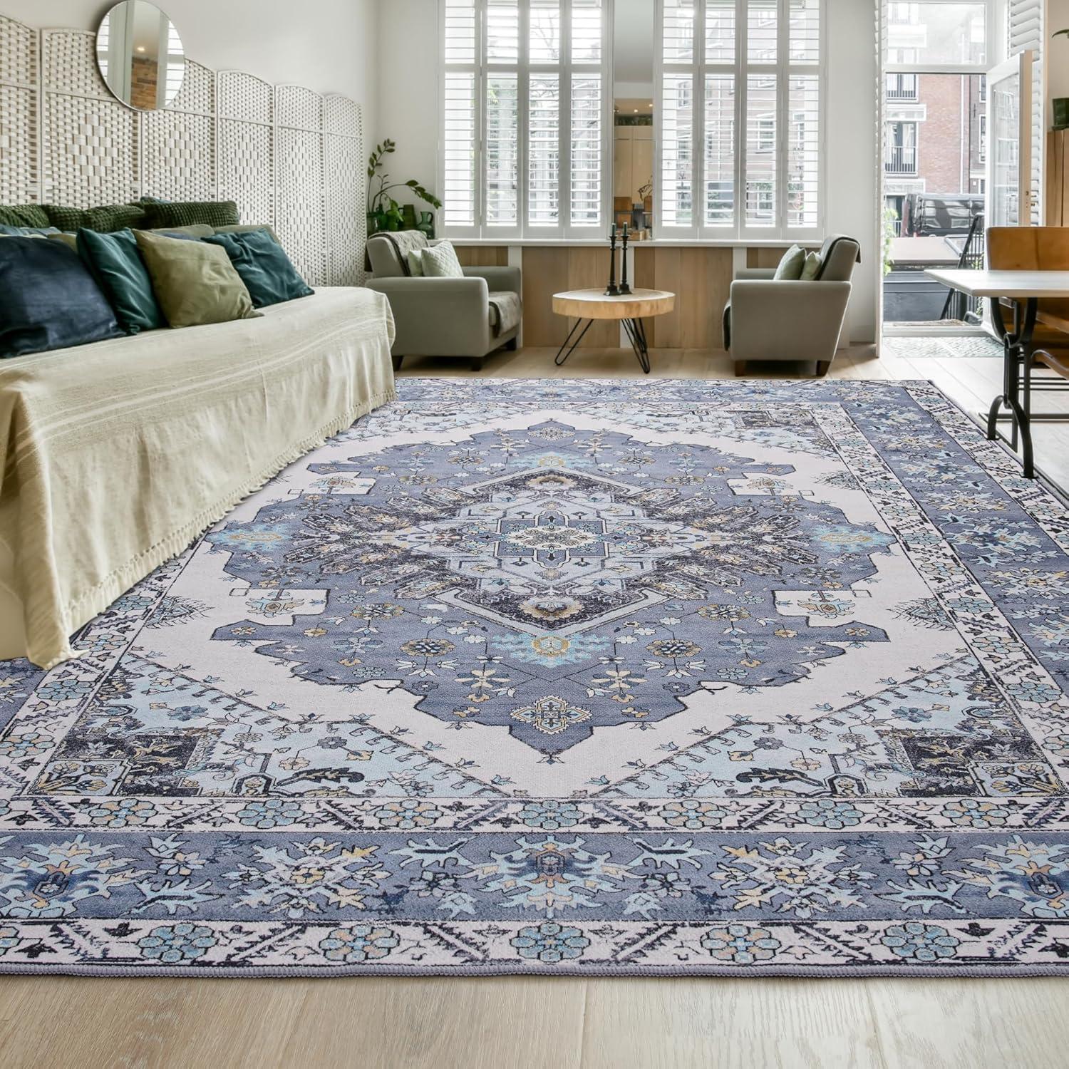 Hasoo 3' x 5' Area Rug Medallion Print Distressed Entryway Rug Persian Soft Foldable Accent Rug for Bedroom Living Room, Blue