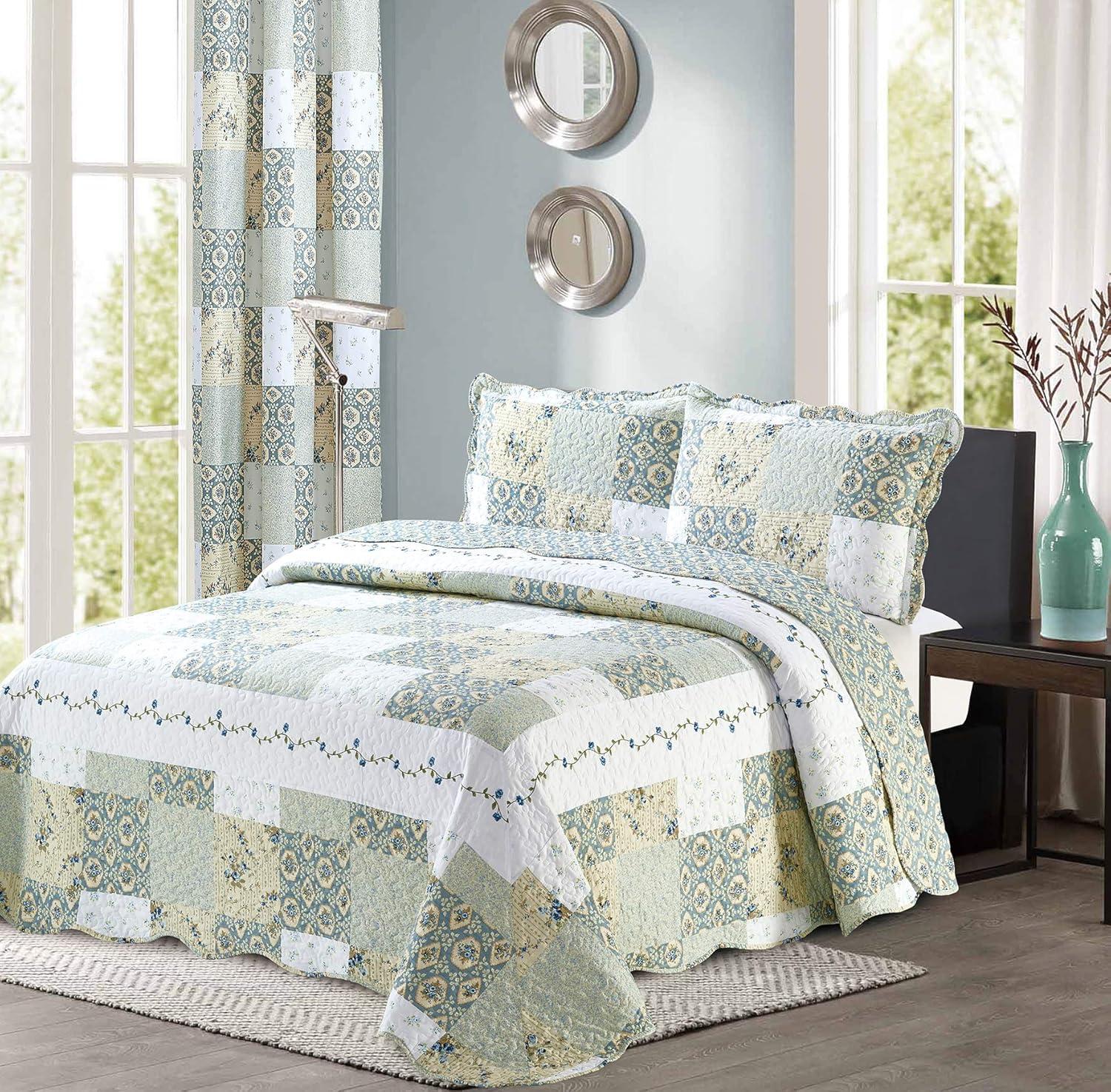 All American Collection New Reversible 3pc Floral Printed Patchwork Blue/Green Bedspread/Quilt Set