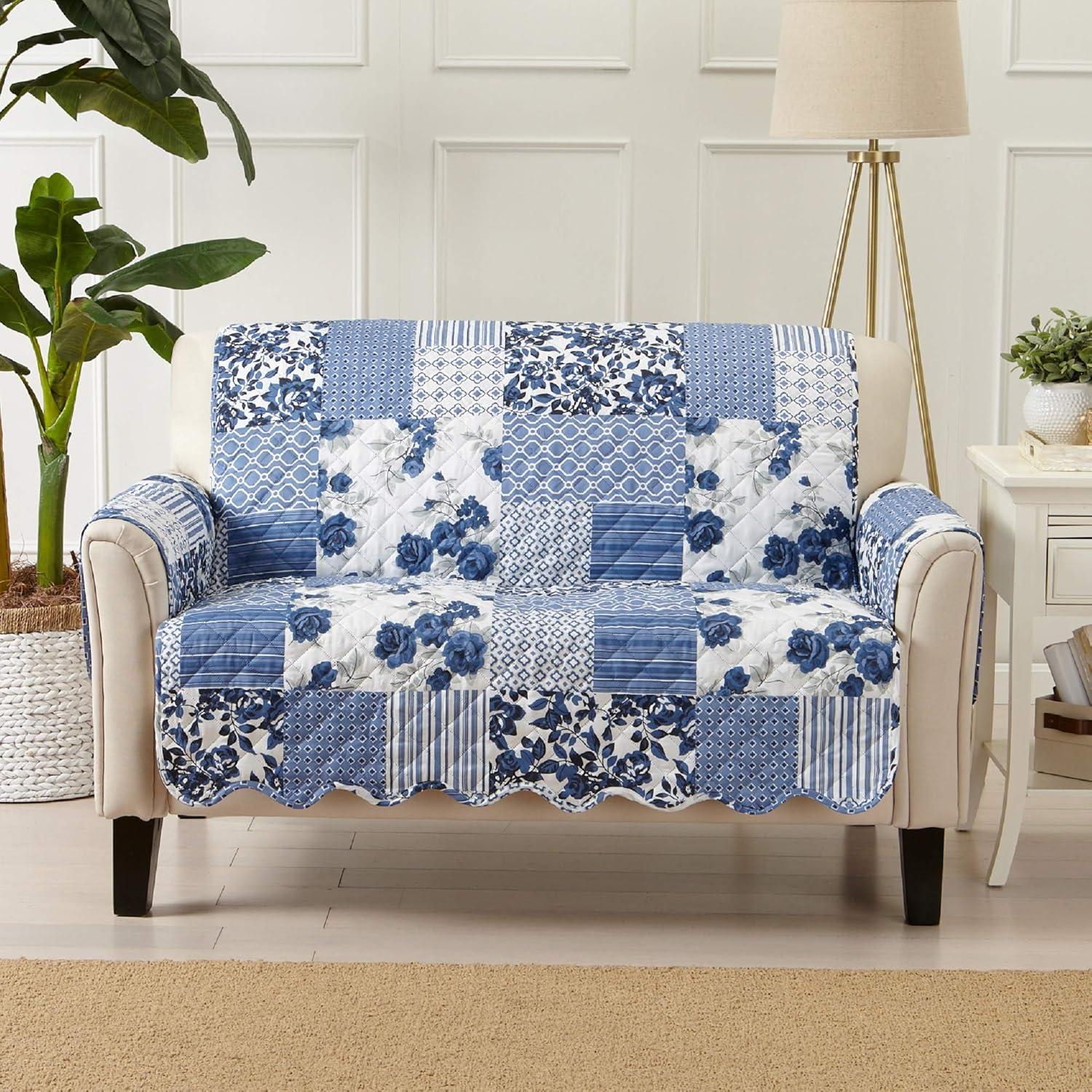 Reversible Stitched Patchwork Sofa Furniture Protector - Great Bay Home(Loveseat, Navy)