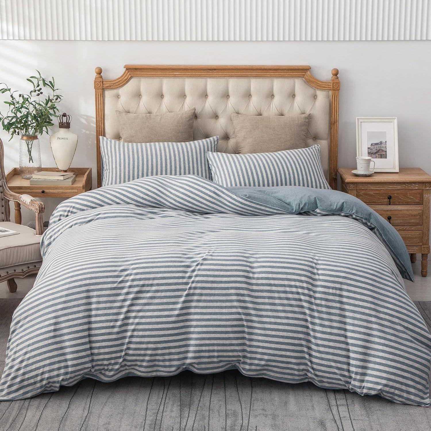 PURE ERA Jersey Knit 100% Cotton Striped Duvet Cover Set With Zipper Closure Reversible bedding,Blueish Grey Stripe, King Size