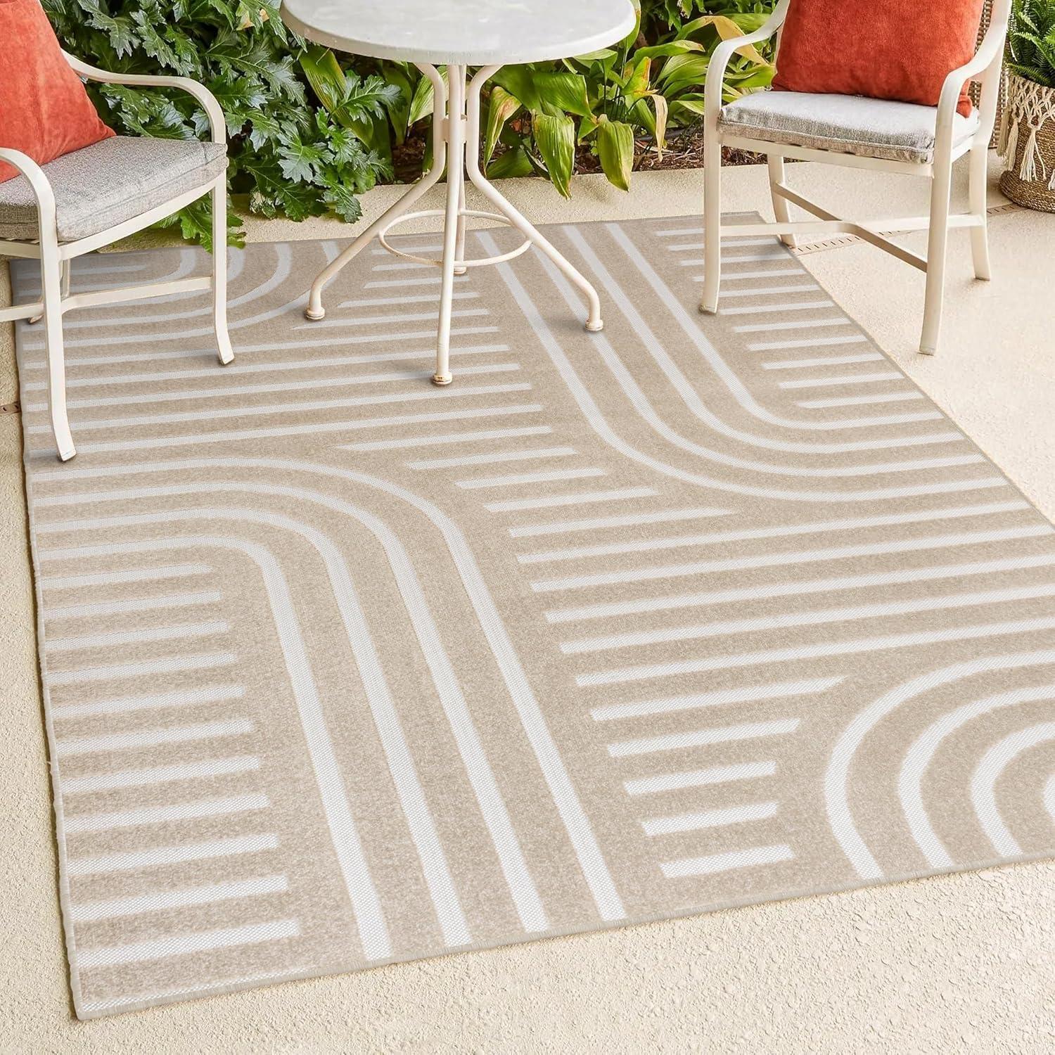 Anders High-Low MidCentury Modern Arch Stripe Two-Tone Beige/Cream 8 ft. x 10 ft. Indoor/Outdoor Area Rug