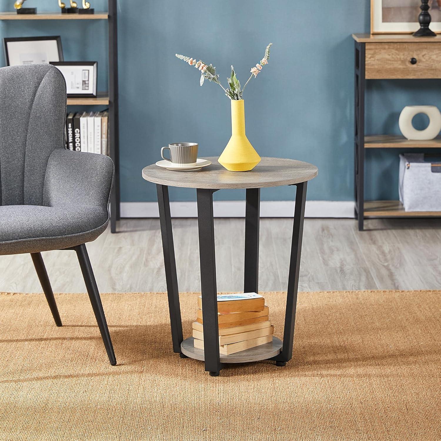 Gray Round Wood and Metal End Table Set with Storage Shelf