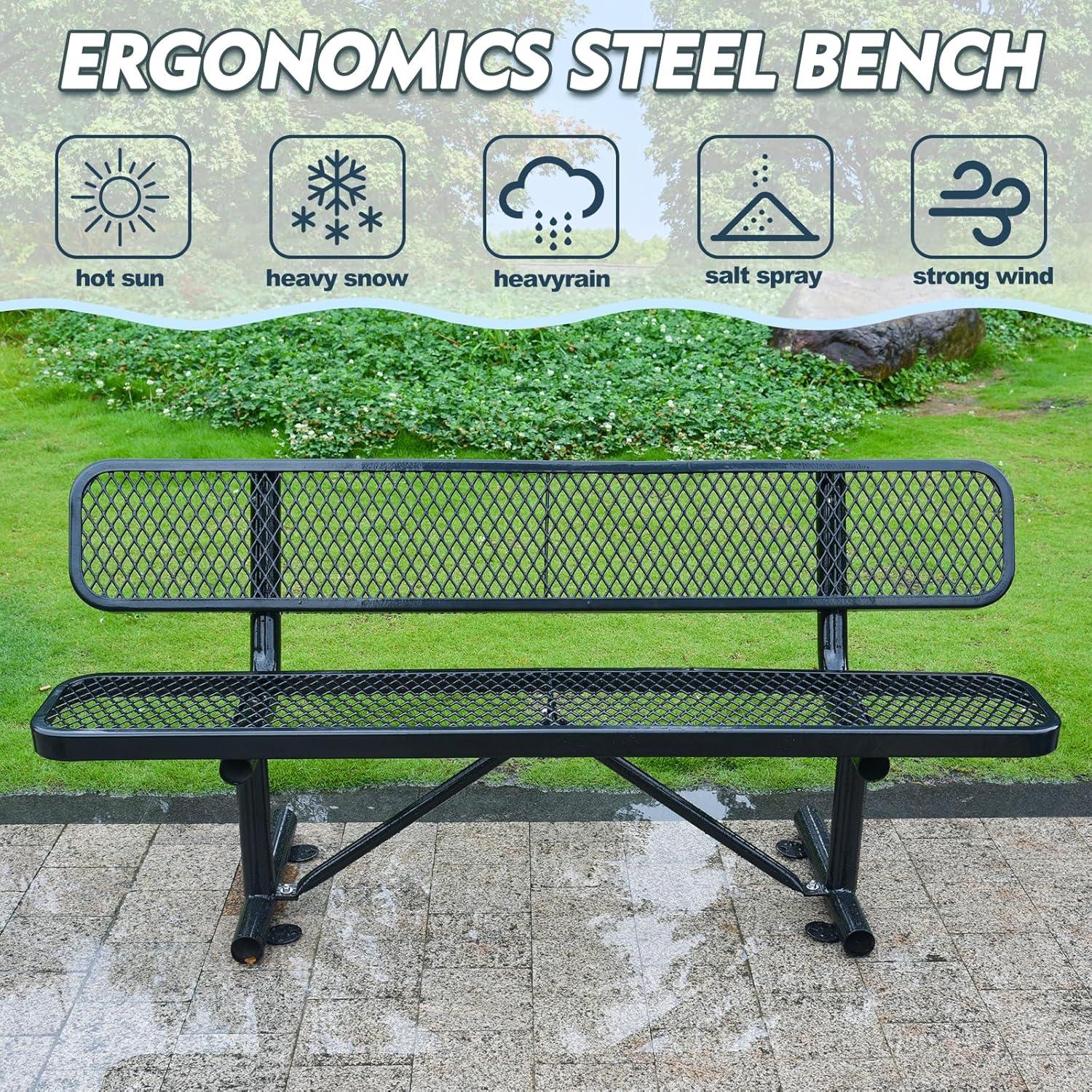 72'' Black Steel Outdoor Bench with Mesh Backrest