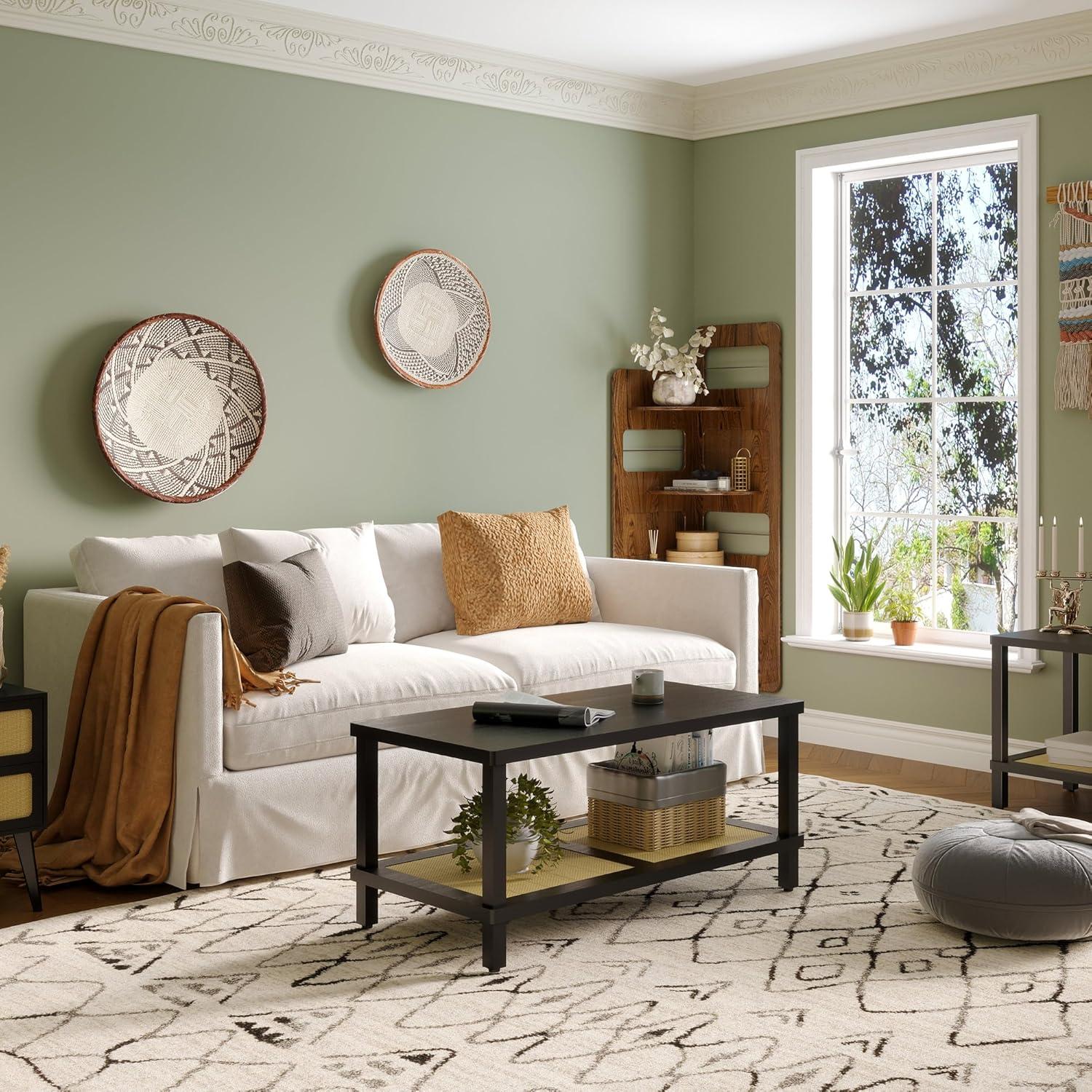 VASAGLE 2-Tier Coffee Table for Living Room, Living Room Table Rectangular Center Table, with PVC Rattan Storage Shelf, Rounded Corners, Easy Assembly, Boho Style, Ash Black ULCT240B21