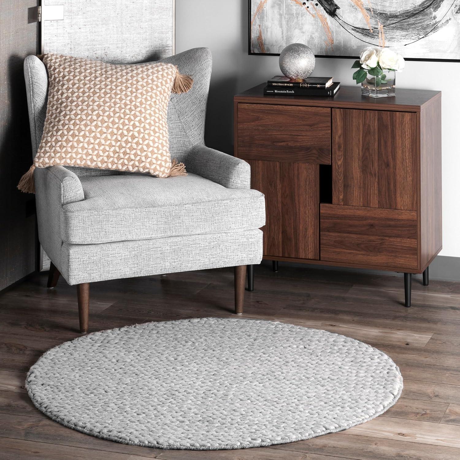 Light Grey Round Braided Wool Handmade Area Rug