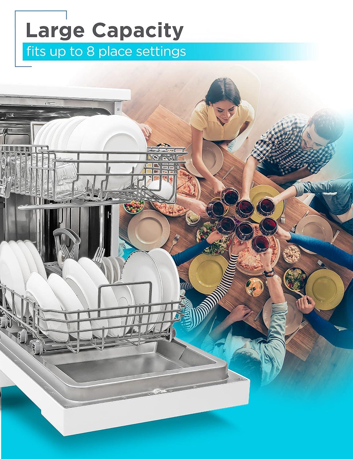 White Compact Portable Dishwasher with Stainless Steel Tub and Casters