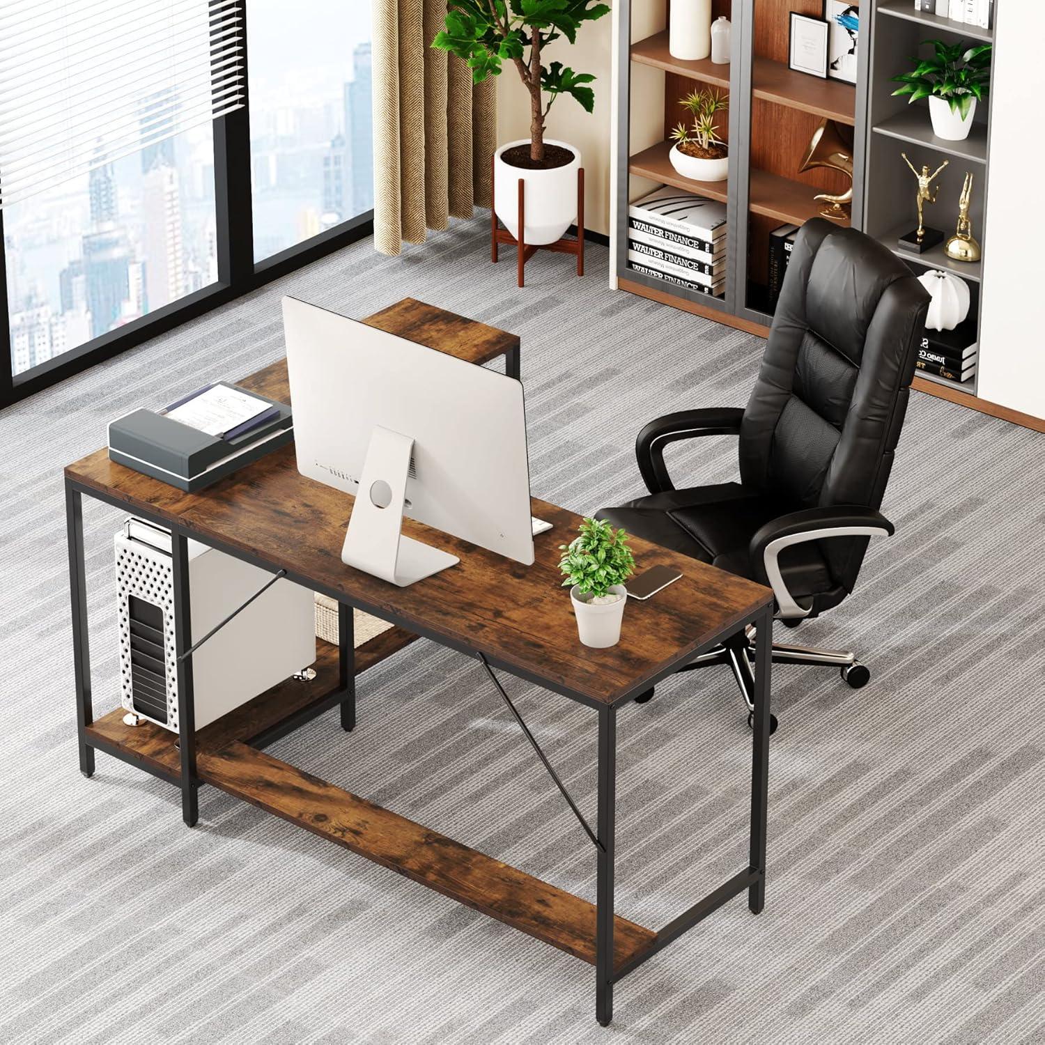 Rustic Brown L-Shaped Engineered Wood Gaming Desk with Shelves