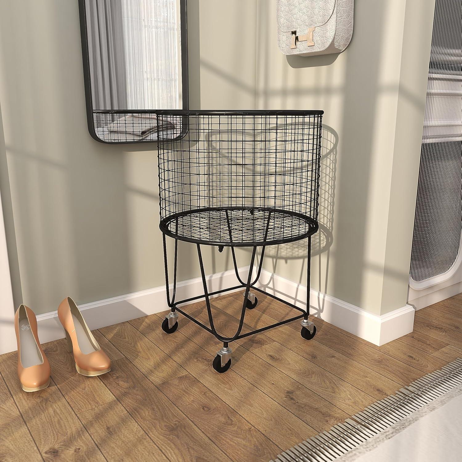 Black Metal Rolling Mesh Storage Basket with Wheels