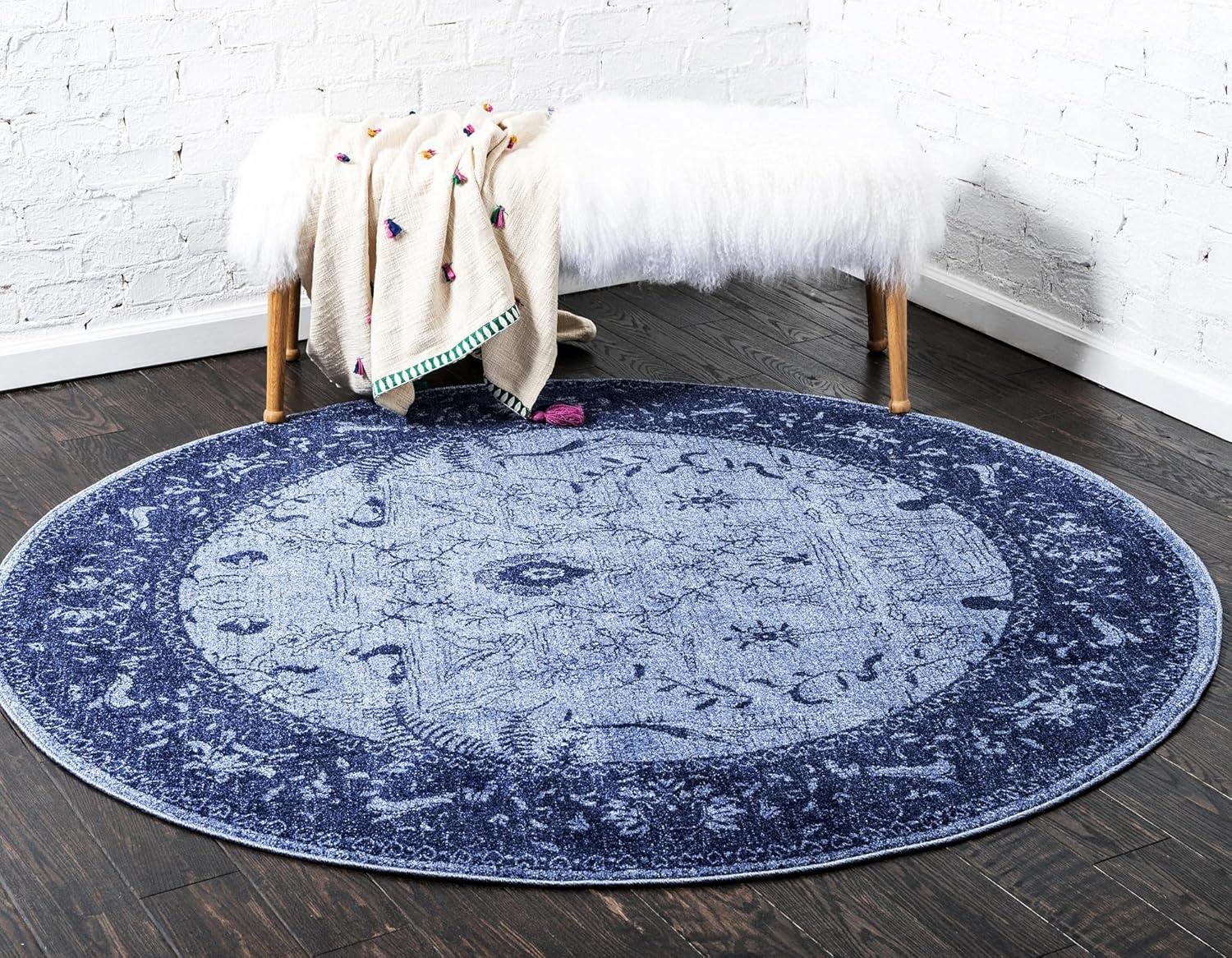 Navy Bliss Floral Easy-Care Synthetic Round Rug, 6'1"