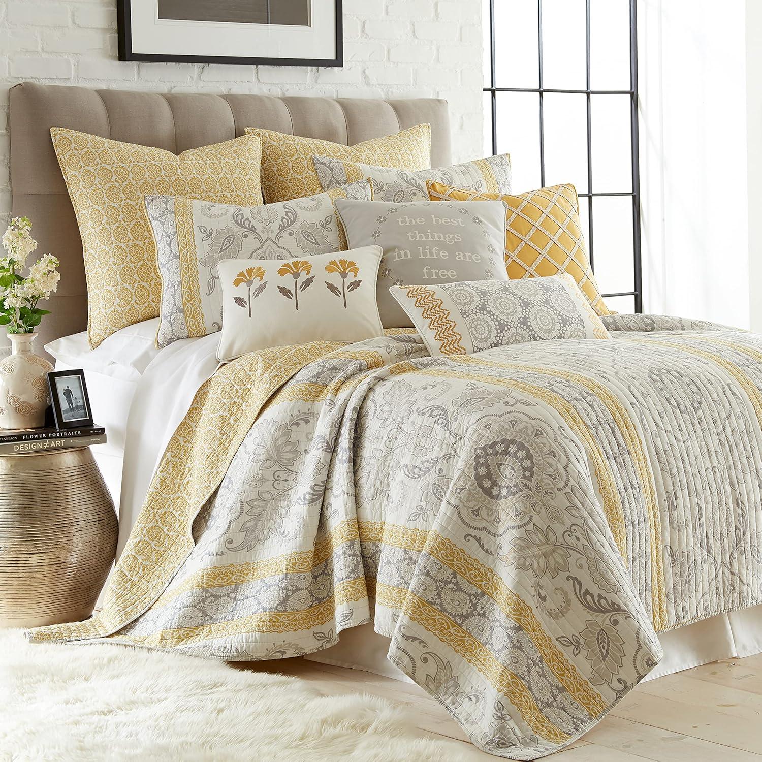 St. Claire - Embroidered Flower Decorative Pillow -  Gold, Grey, White - Levtex Home