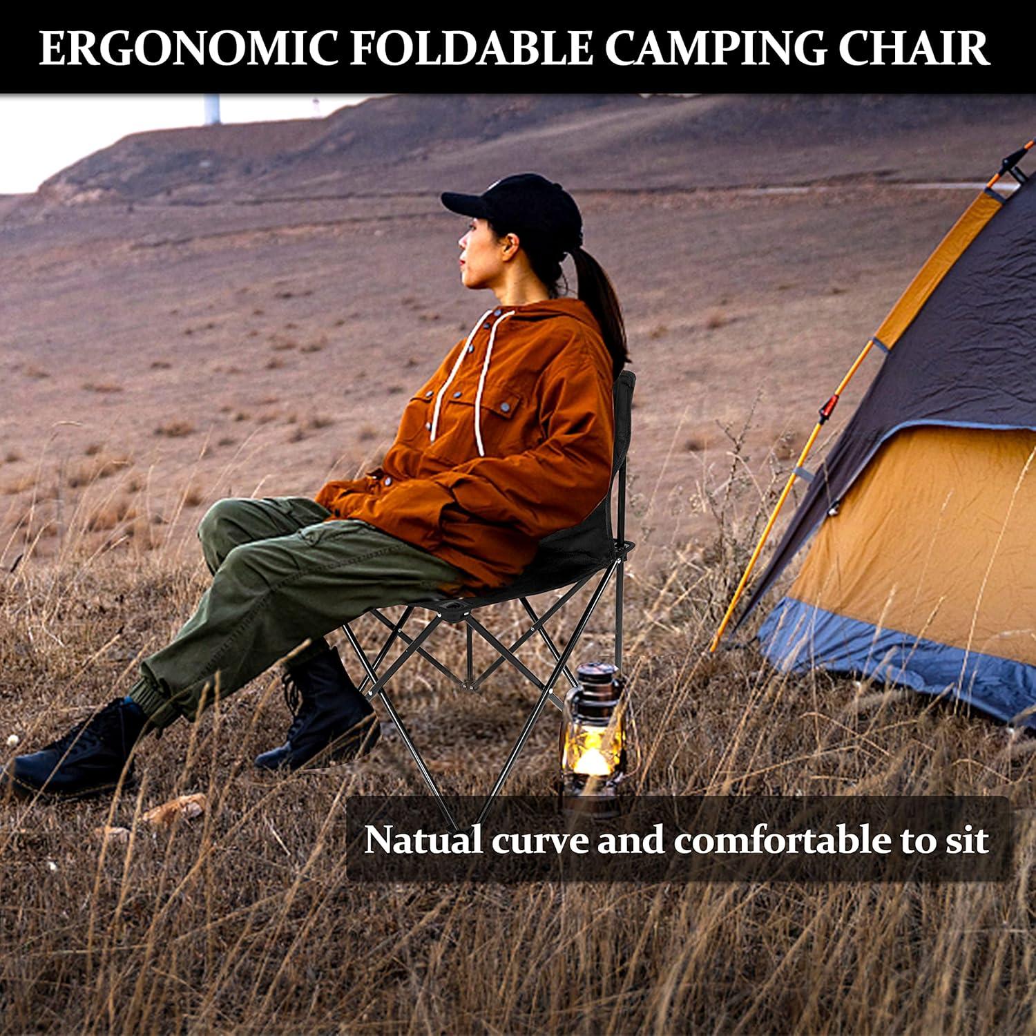 EUROCO Portable Folding Camping Chair Large Oxford Cloth Stool with Carry Bag and Collapsible Anti-Slip Padded for Beach, Hiking, Fishing, Gardening, Picnic, Black