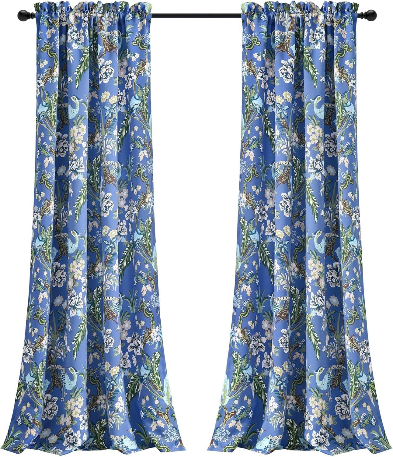 Blue Green Floral Print Wide Blackout Drapes, 2-Piece Set