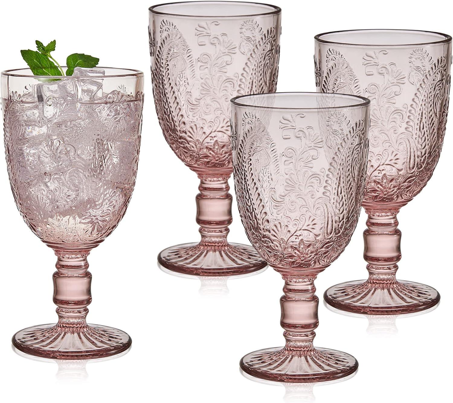 Blush Pink Embossed Glass Goblet Set of Four