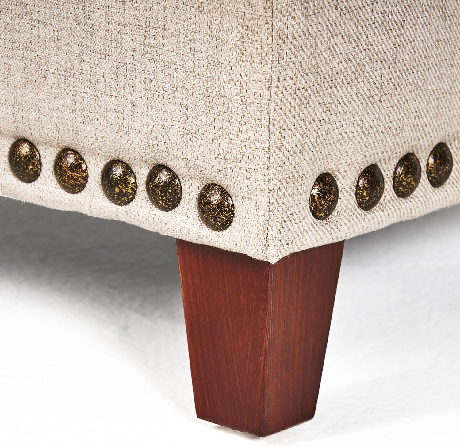 Beige Tufted Fabric Storage Ottoman with Nailhead Trim