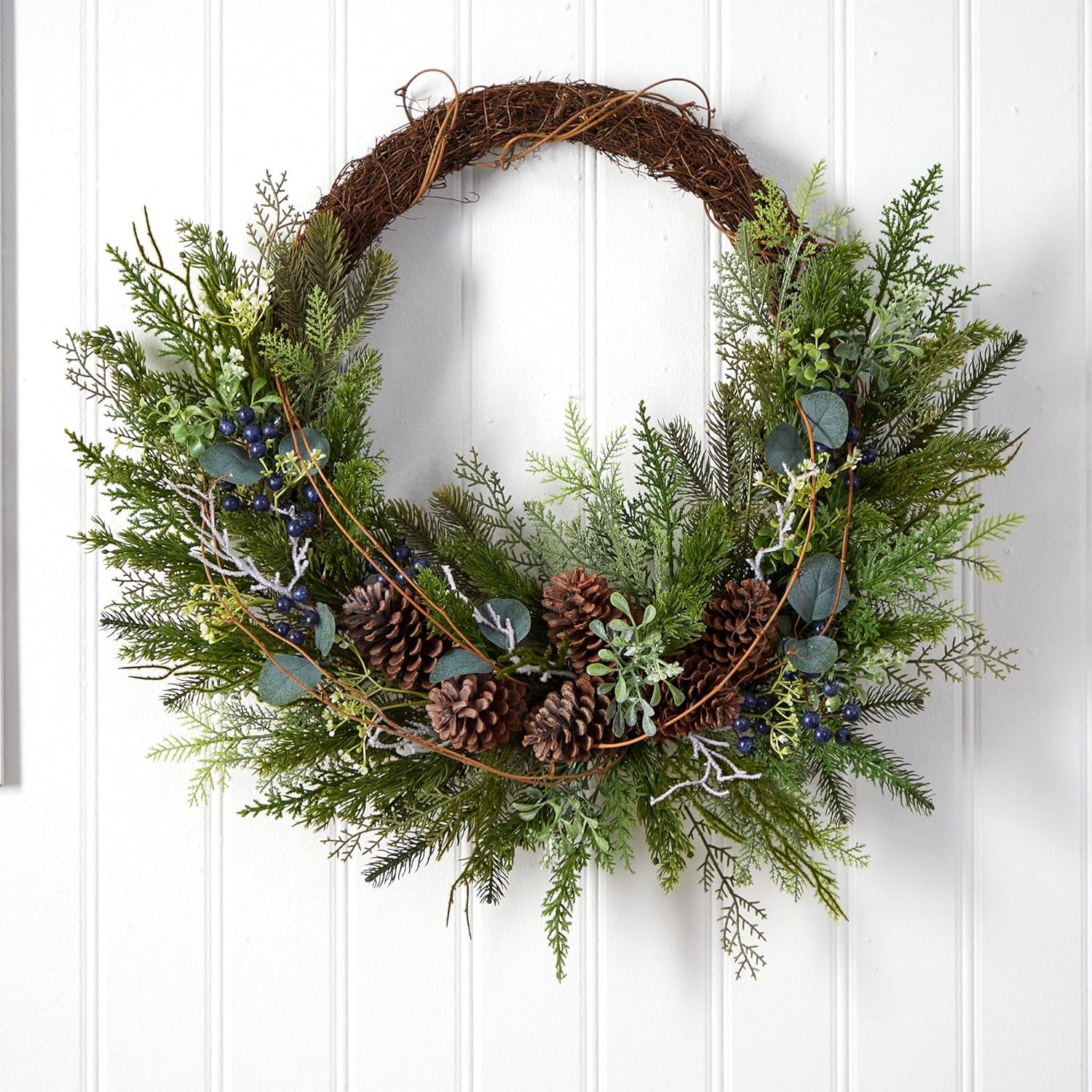 Nearly Natural 30” Pine and Pinecone Artificial Christmas Wreath on Twig Ring