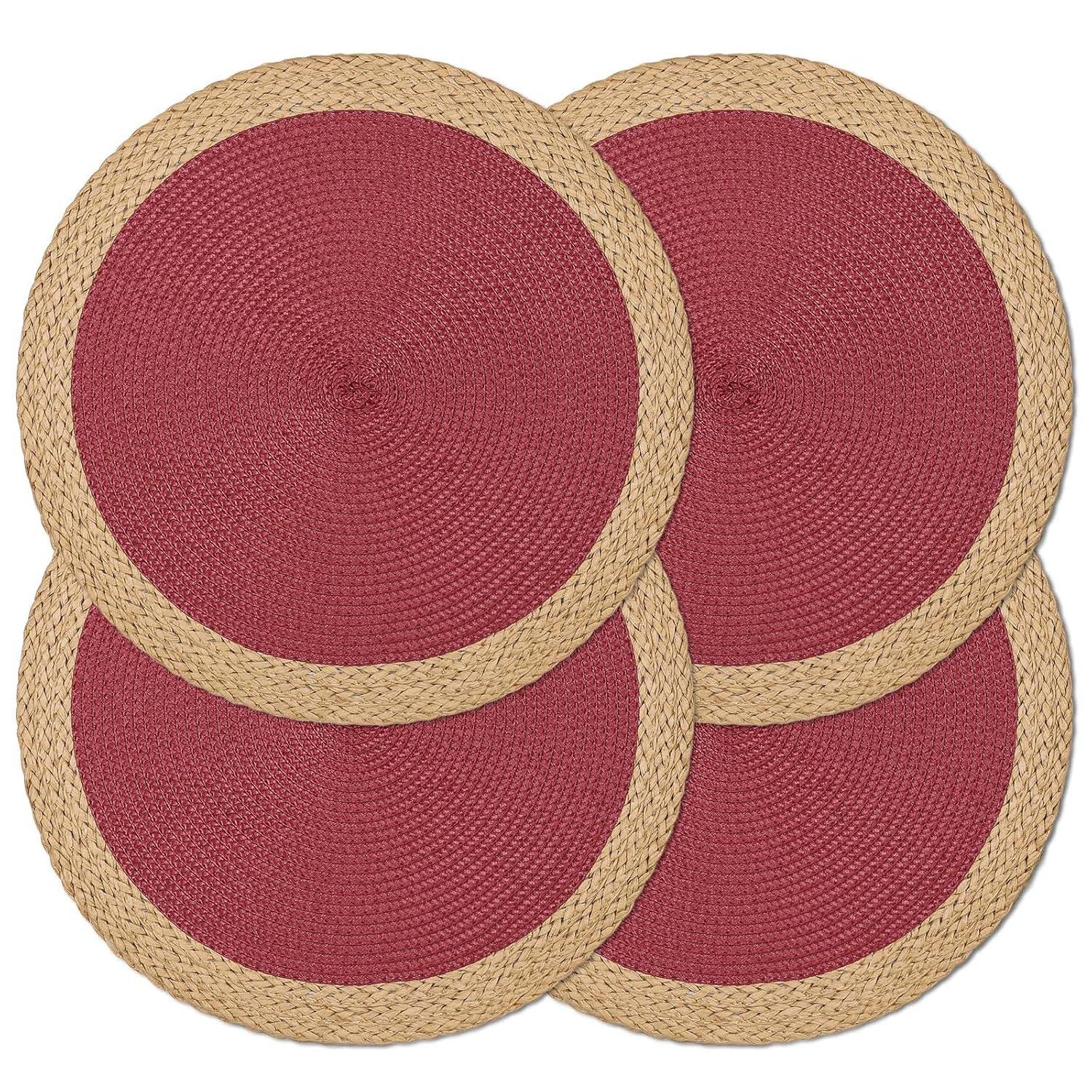 Noctiflorous 15 Inch Round Braided Placemats Set of 4 Washable Wipeable Easy Clean Heat Resistant Woven Dining Table Mats Decor for Holiday Parties Indoor Outdoor Daily Use(Red Thin Edge, 4)