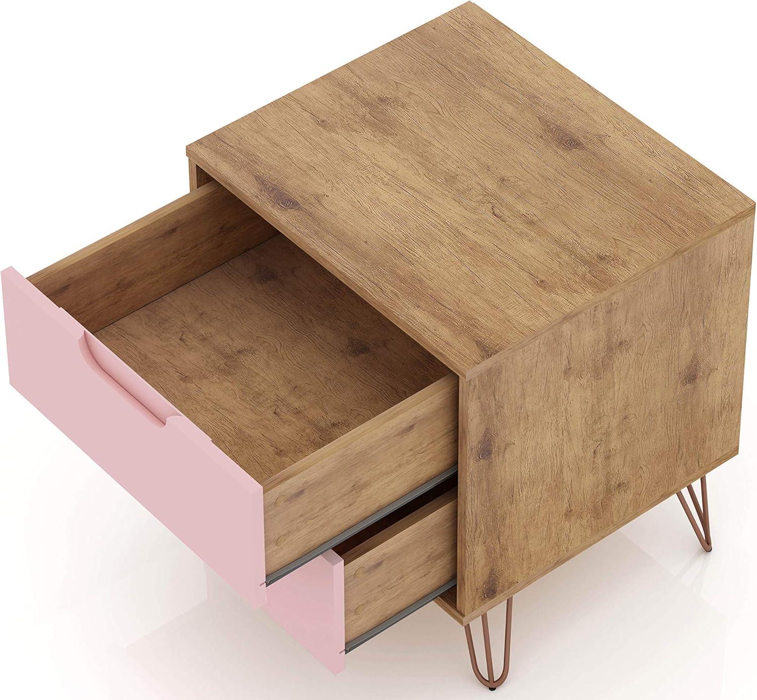 2.0 Rockefeller Nightstand Natural/Rose Pink - Manhattan Comfort: Modern MDF Bedside Storage with Metal Glides