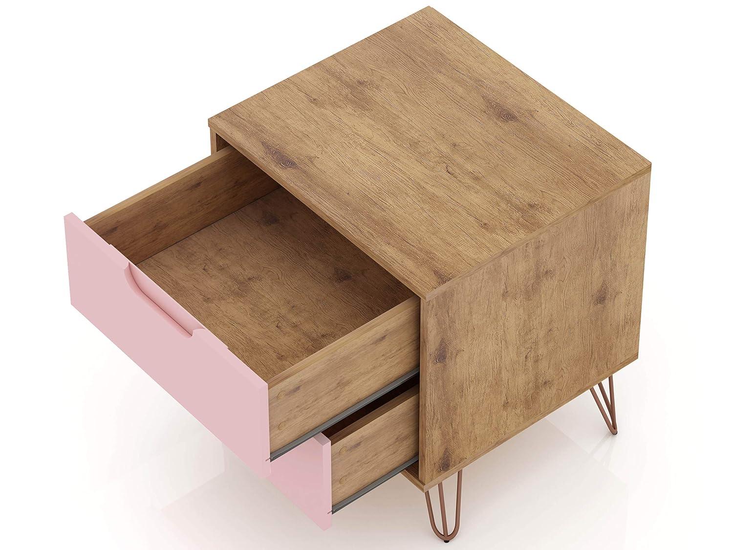 2.0 Rockefeller Nightstand Natural/Rose Pink - Manhattan Comfort: Modern MDF Bedside Storage with Metal Glides