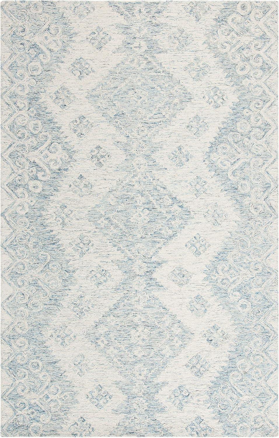 Ivory and Blue Handmade Wool Geometric Area Rug