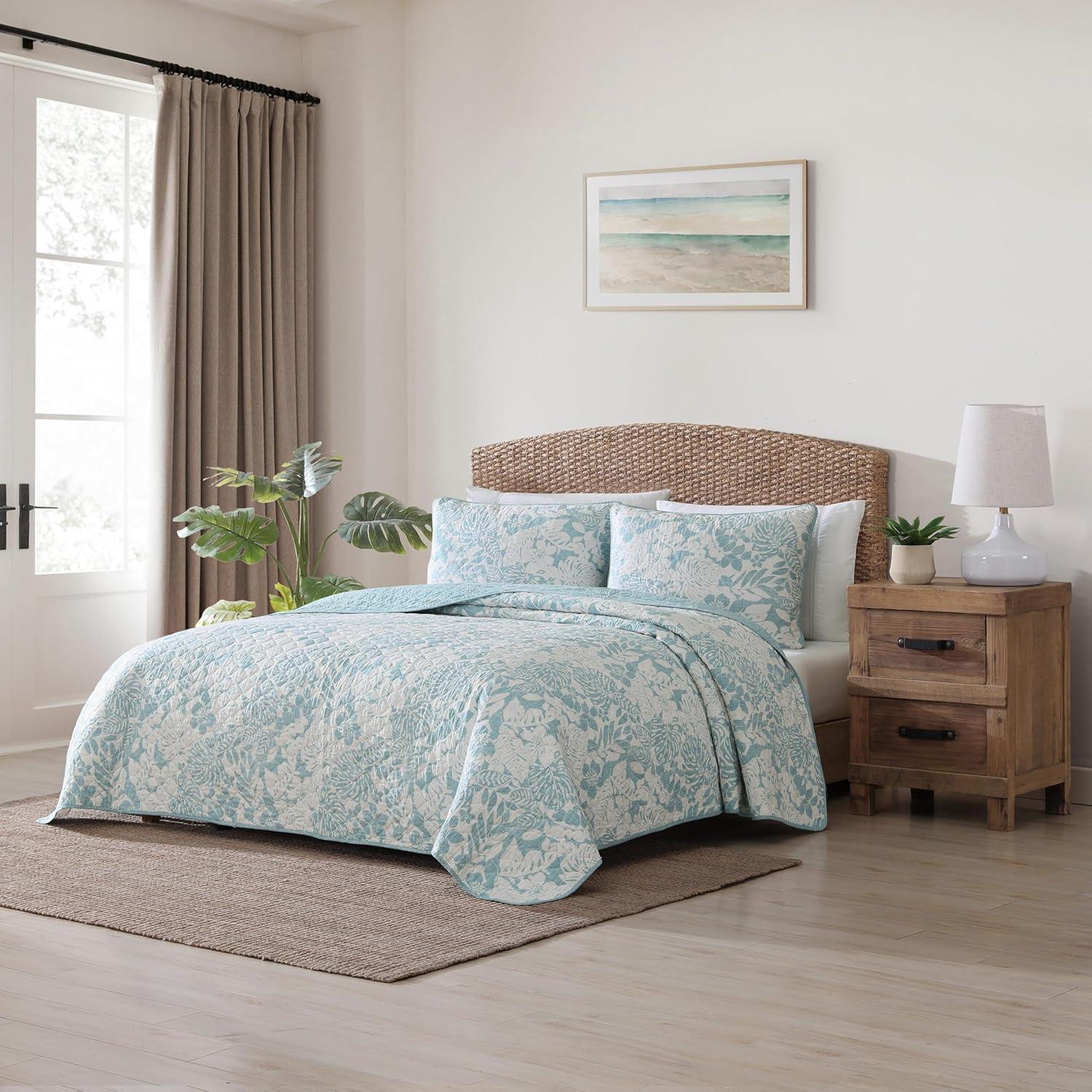 Tommy Bahama King Laguna Beach Quilt & Sham Set Turquoise: Reversible, Botanical Pattern, 3-Piece Set