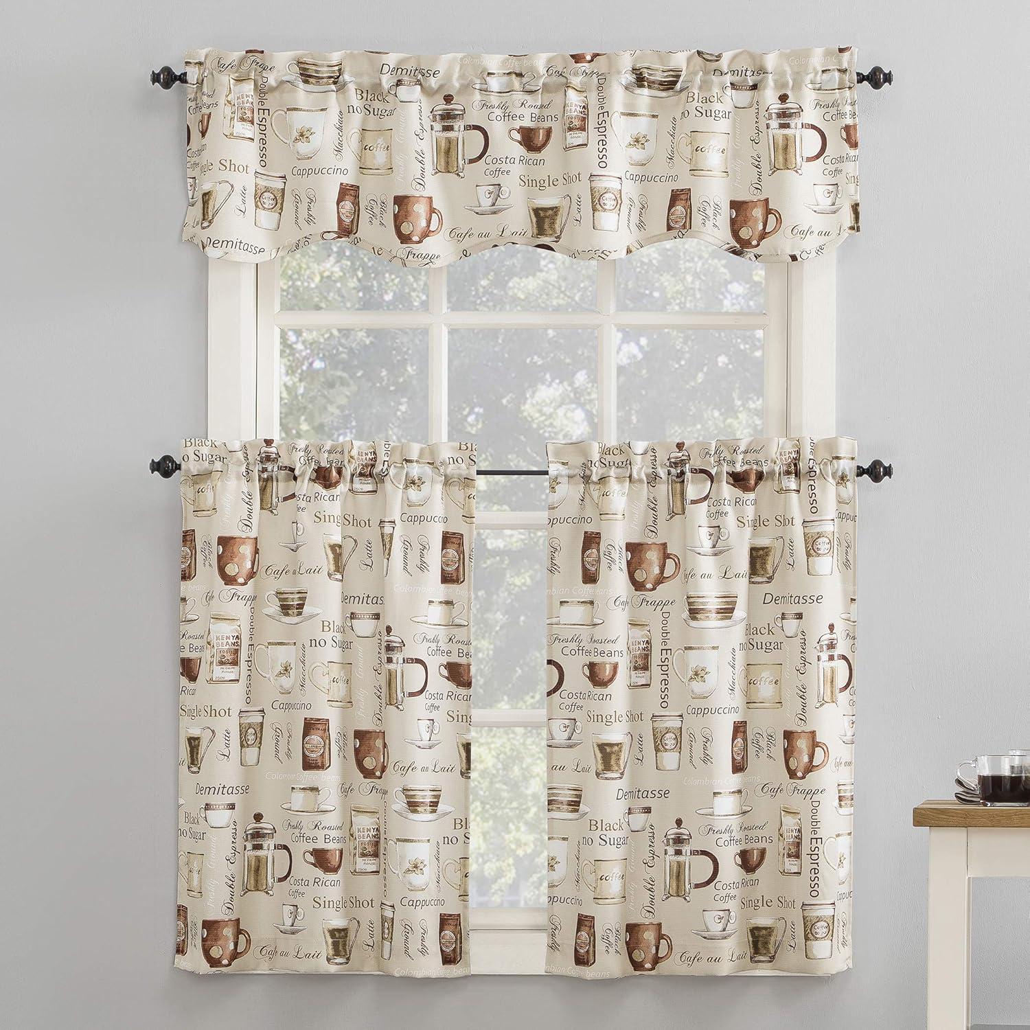 Ivory Coffee Shop Print Semi-Sheer Rod Pocket Kitchen Curtain Set