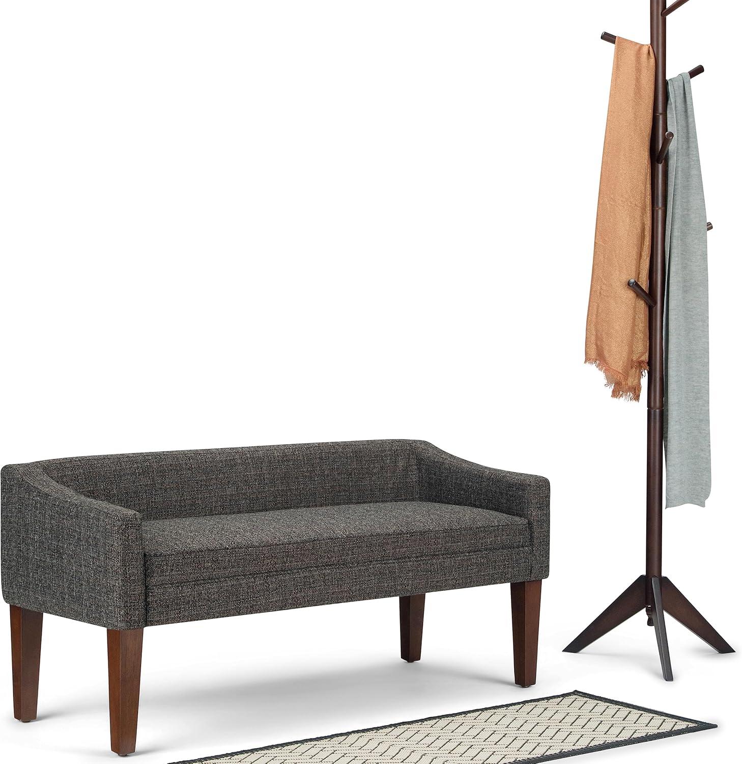 Parris Dark Grey Tweed-Look Upholstered Bench with Swooped Arms