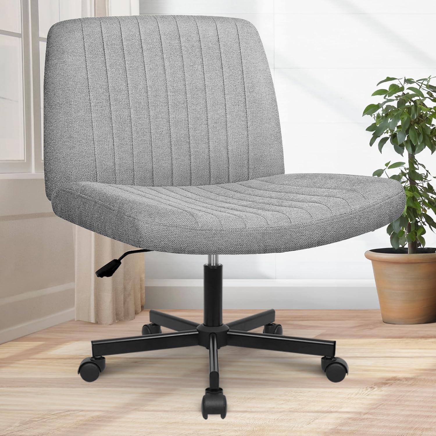 Orange Factory Criss Cross Chair with Wheels, Armless Cross Legged Office Desk Chair, Wide Comfy Vanity Rolling Swivel Modern Comfortable Fabric Computer Task Chairs for Home Office (Grey)