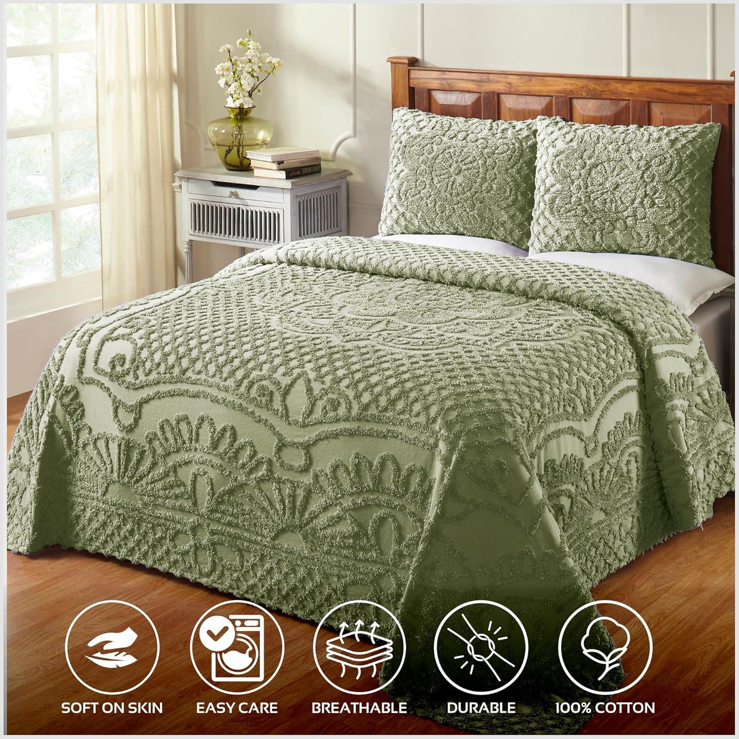 Better Trends 3 Piece Bedspread Set 100% Chenille Queen Bedding Set Soft and Breathable Machine Washable (Sage) Trevor Collection