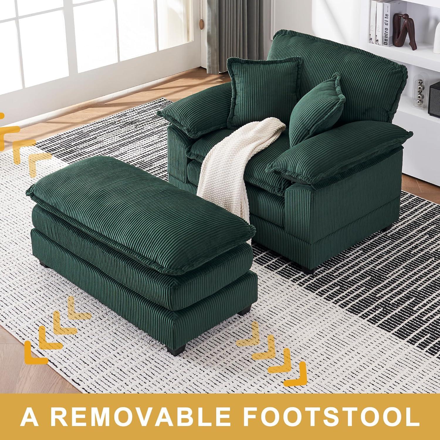 46.9" W Oversized Chair with Ottoman, Corduroy Upholstered Chaise Lounge Chair Indoor Reading Chairs Sofa Couche Oversized Comfy Chairs for Living Room, Bedroom (Corduroy Green)