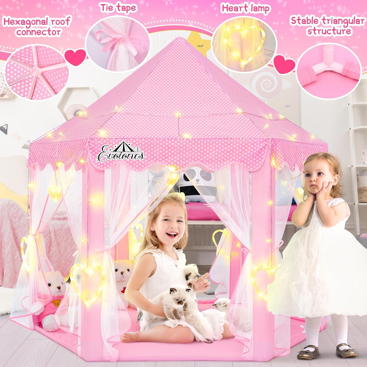 EVOIONOS Princess Tent for Girls, Kids Play Tent with LED Star Lights, Castle Playhouse for Children Indoor Outdoor Games, 55X53 inches, Pink