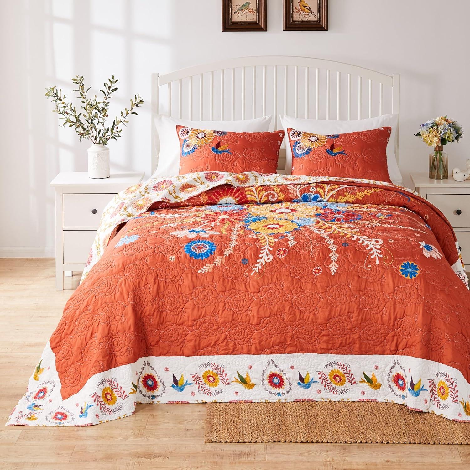 Barefoot Bungalow Topanga Boho Folk Art Quilted Bedspread Set, Reversible, 3-Piece Jumbo King