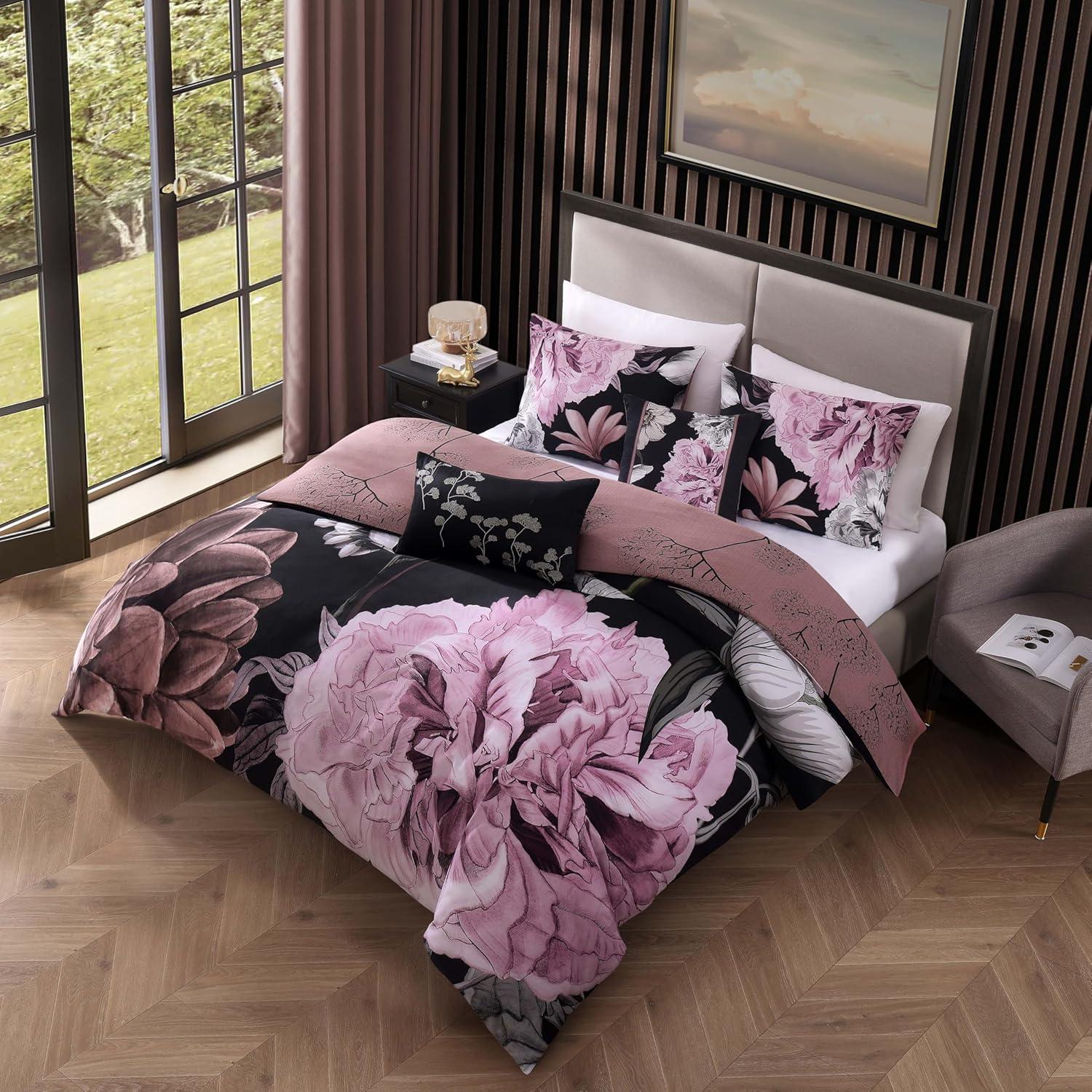 BeBeJan Bebejan Floral Garden on Mocha 100% Cotton 5-Piece Reversible Comforter Set