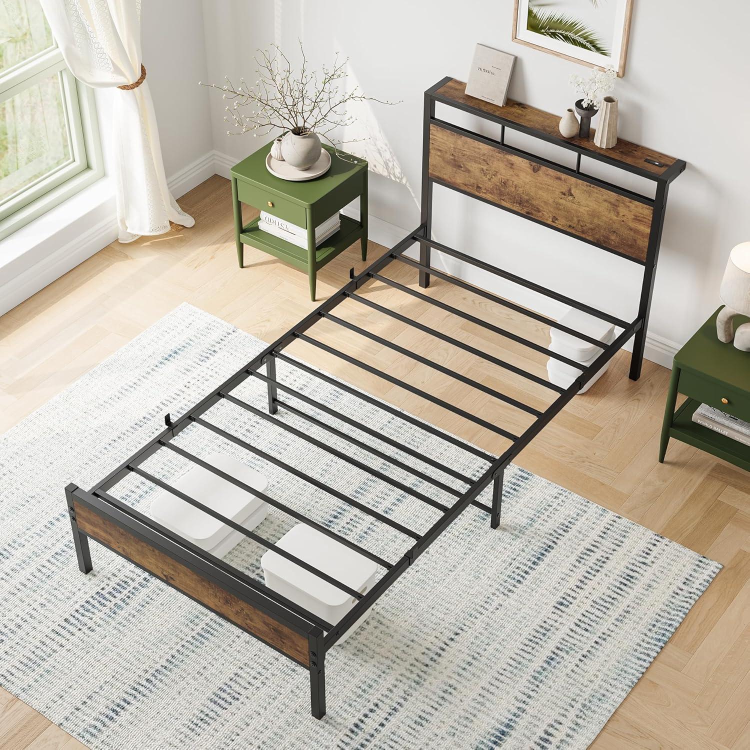 LegaHome Full Bed Frame, Metal Platform Bed with Storage Headboard and Charging Station, Strong Slat Support, Full Size Bed Frame for Kids Teens Adults, No Box Spring Needed, Black