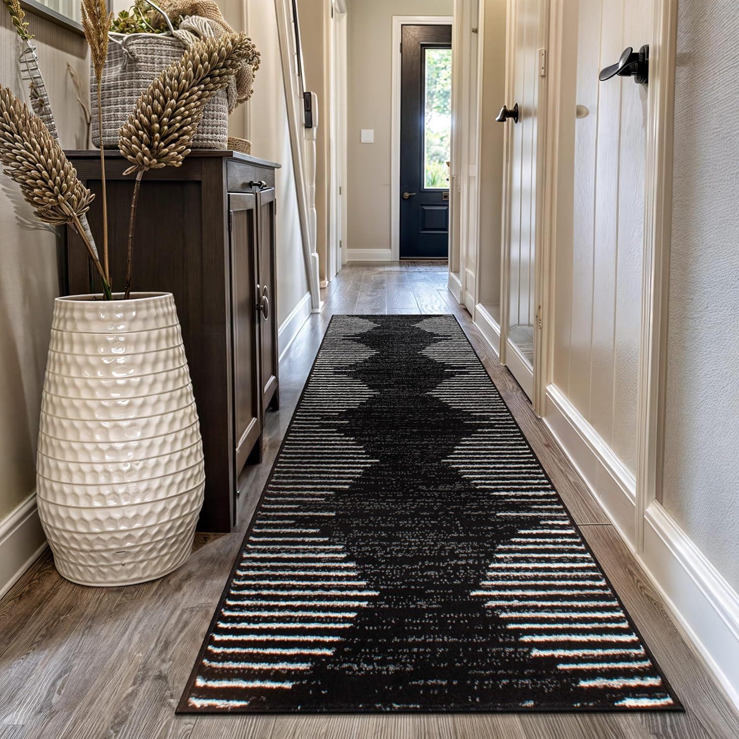 World Rug Gallery Area Rug Bohemian Stripe Jute Rug Carpets for Living Room Rugs for Sale - BLACK 2'7"x10'